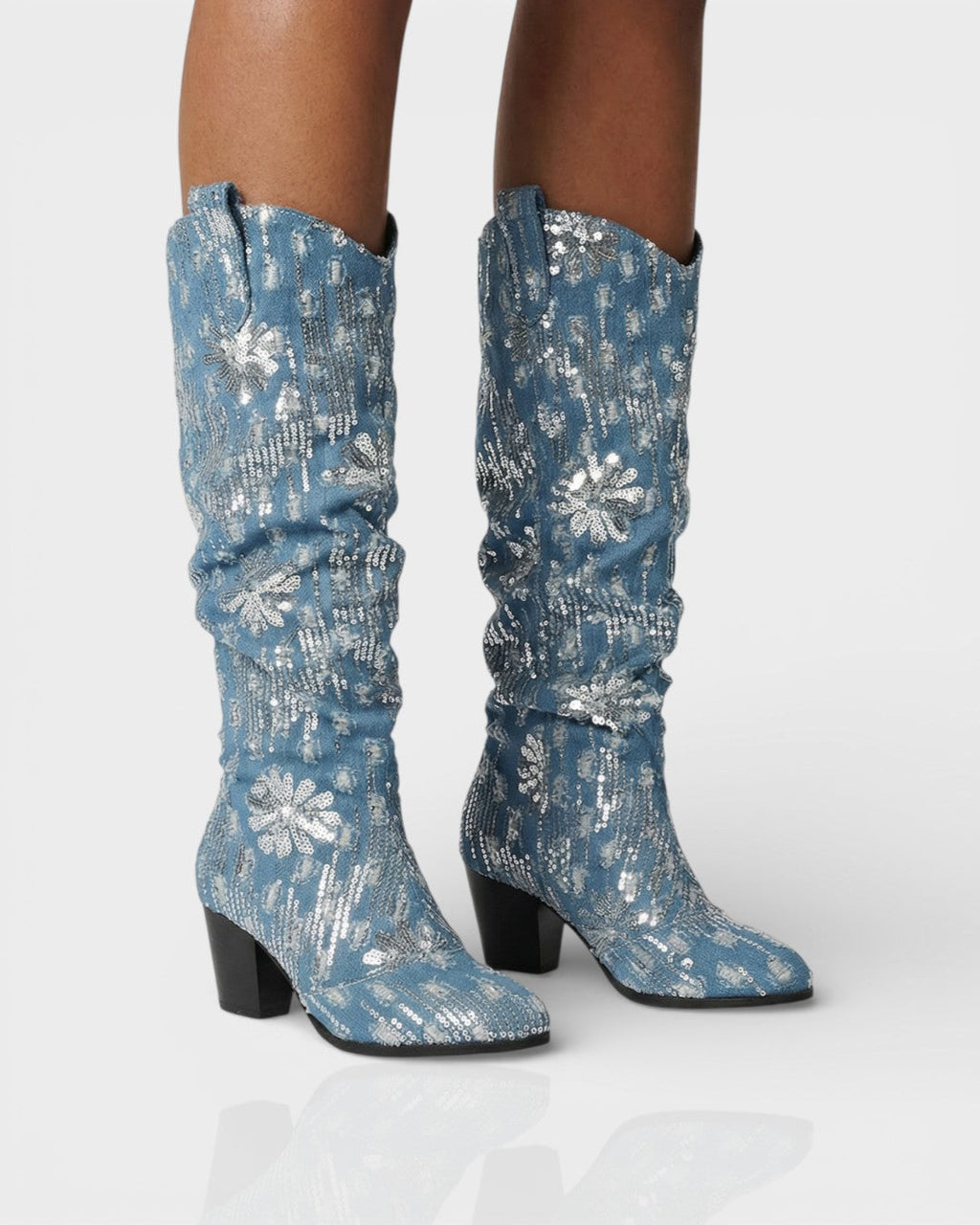 DIANNE Sequin Floral Denim Cowboy Boots