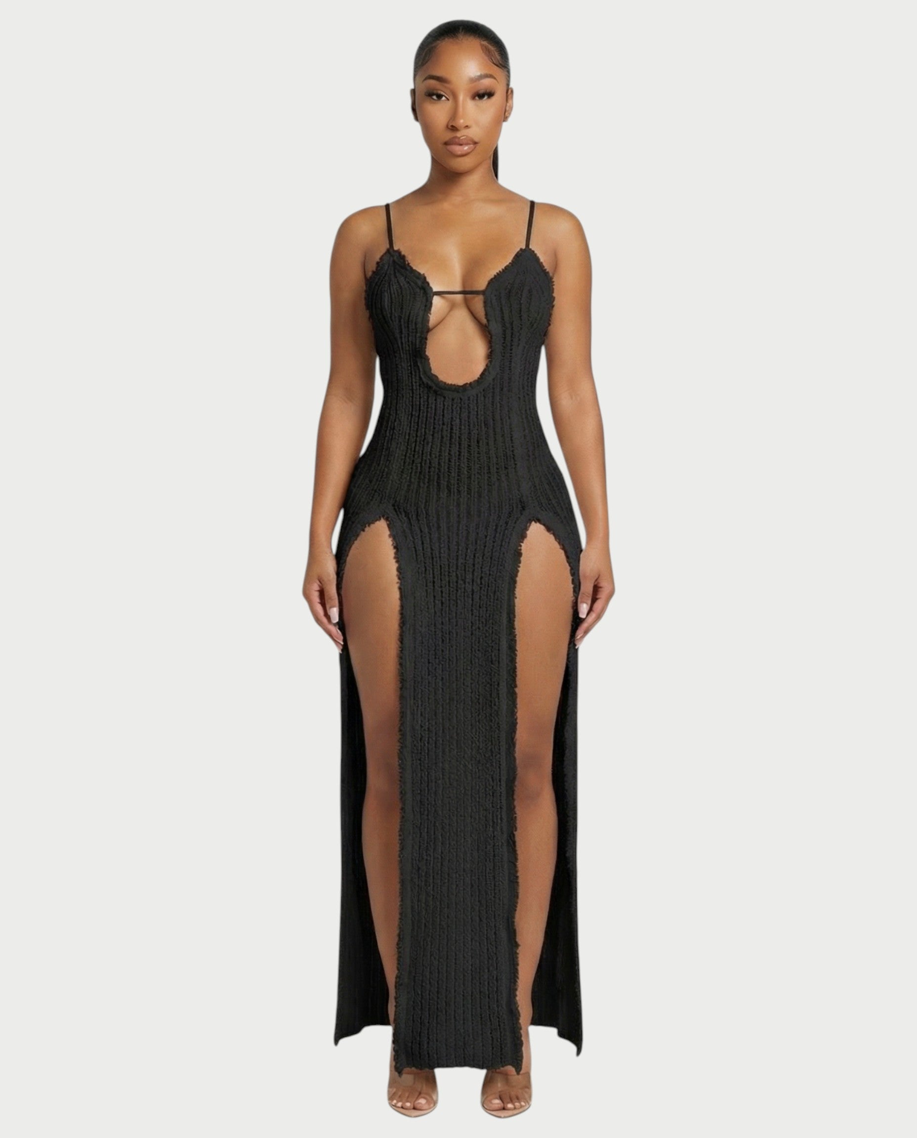 ISLA Deep-Plunge Dual-Slit Maxi Dress