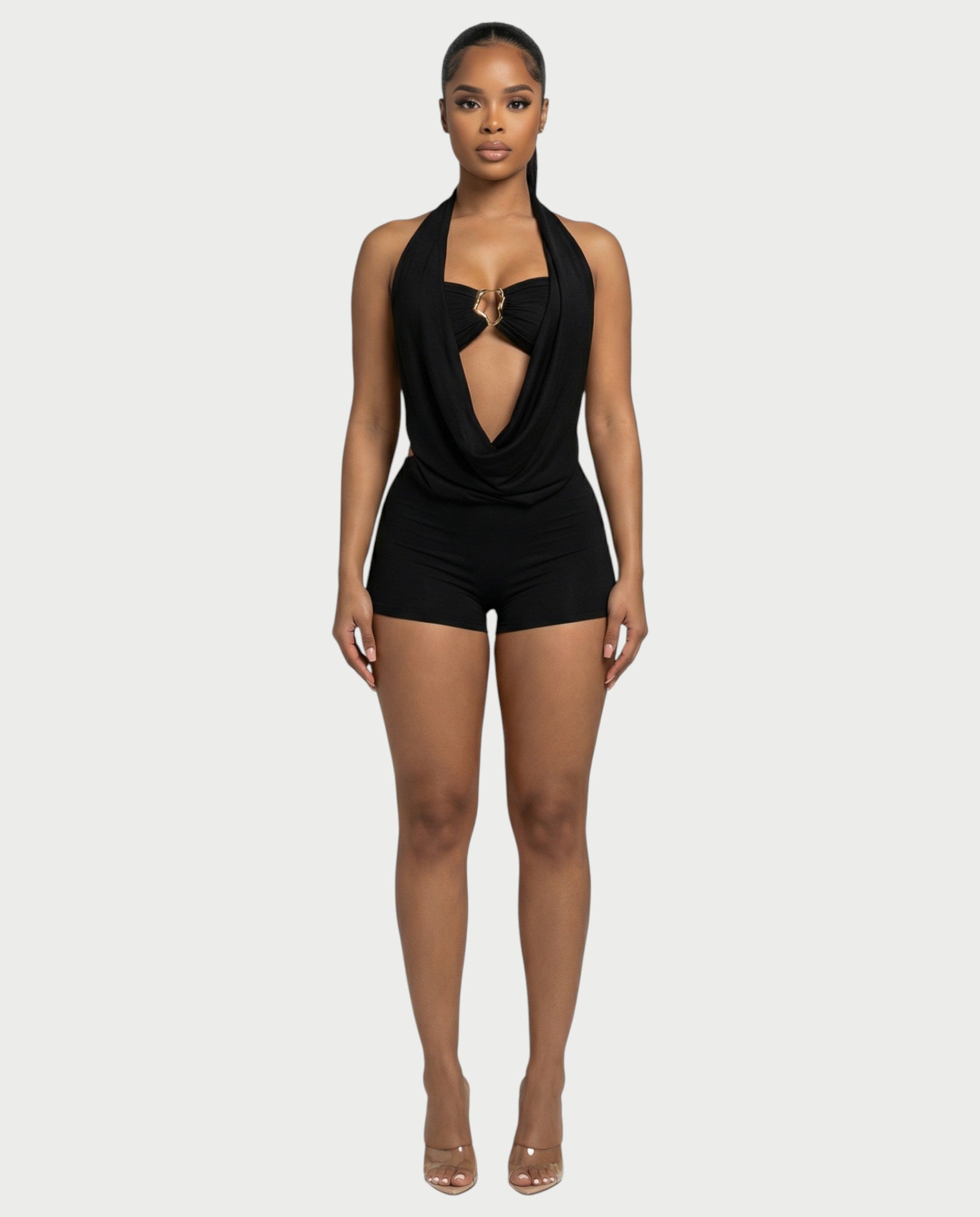 CHANE Halter Draped Romper & Buckle Bralette Set