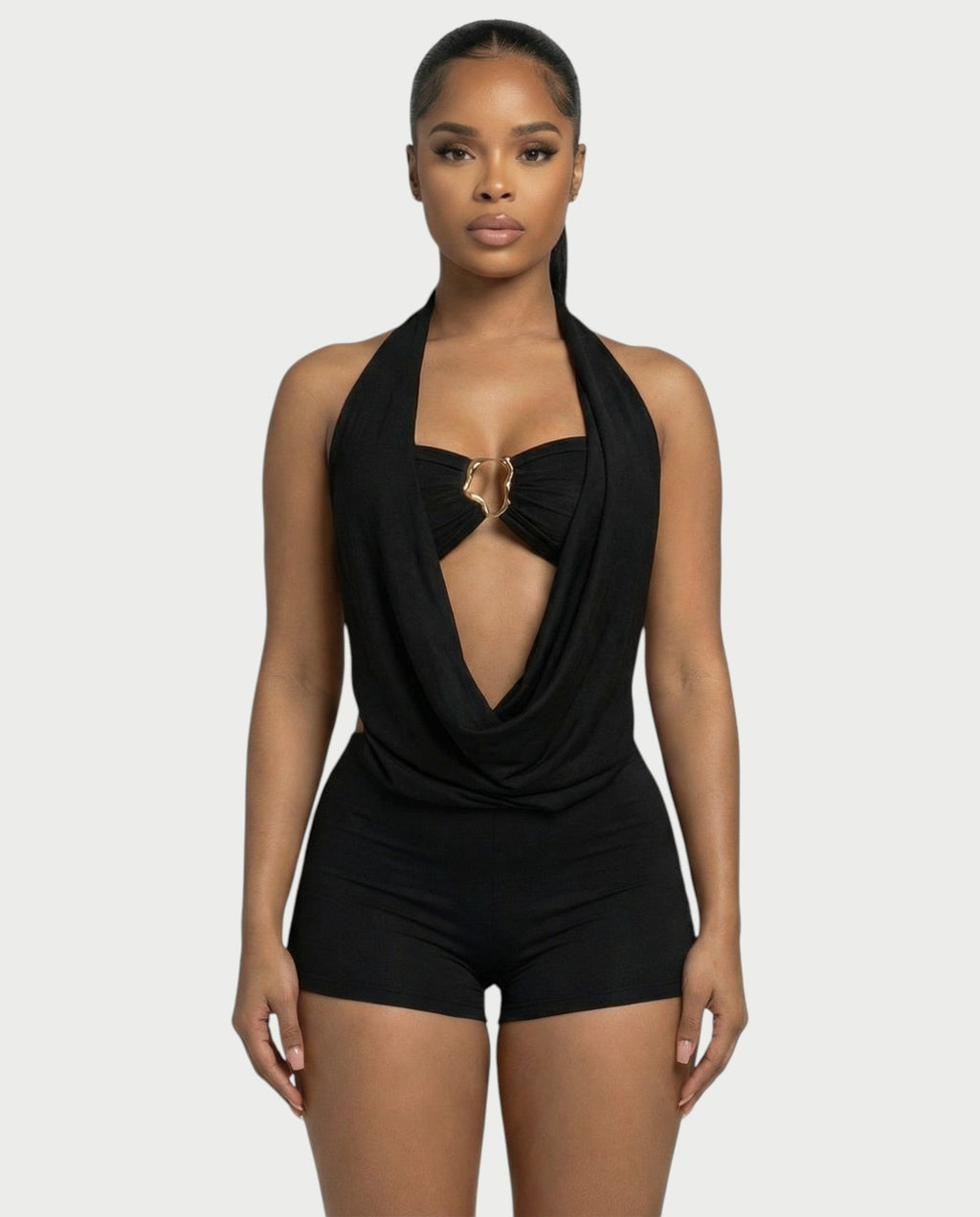 CHANE Halter Draped Romper & Buckle Bralette Set