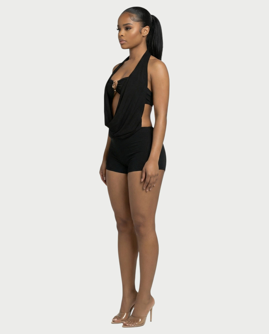 CHANE Halter Draped Romper & Buckle Bralette Set