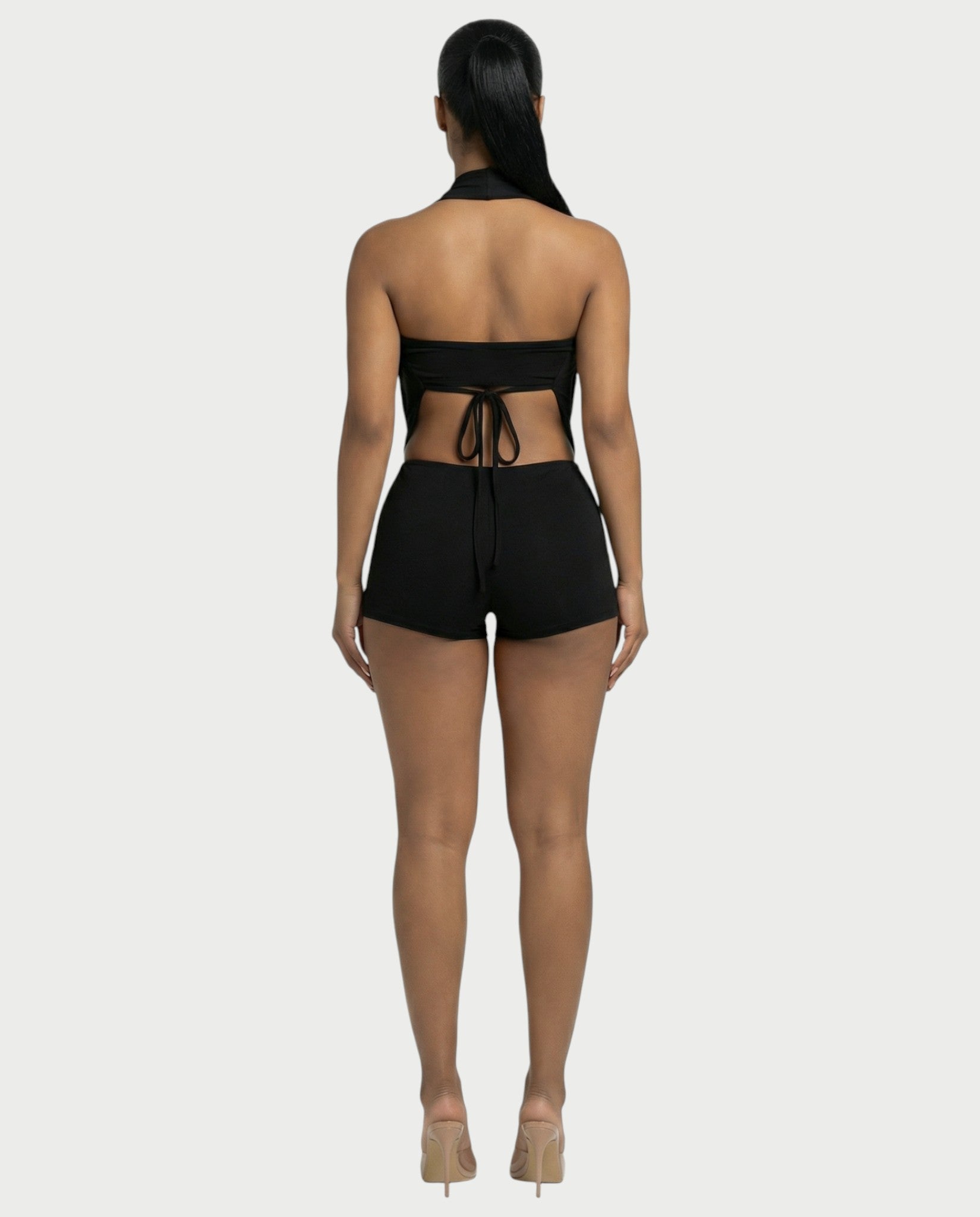 CHANE Halter Draped Romper & Buckle Bralette Set