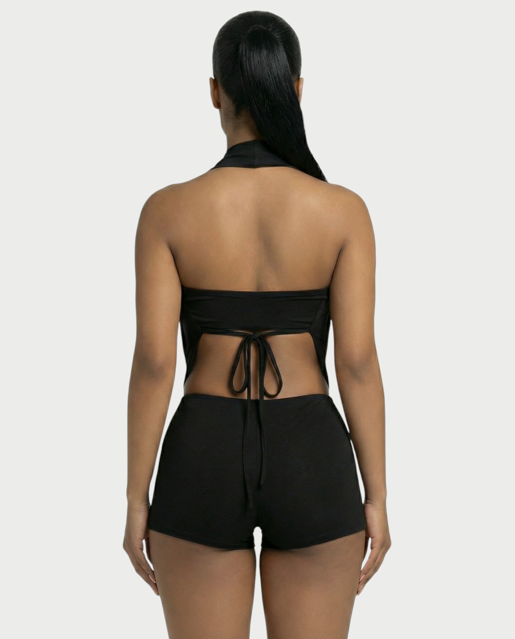 CHANE Halter Draped Romper & Buckle Bralette Set