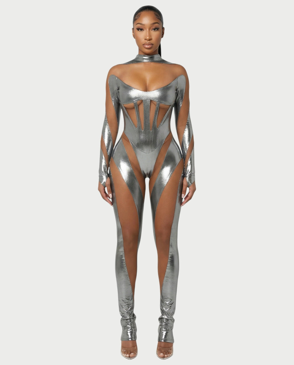 SHAYA Mesh & Metallic Cutout Jumpsuit
