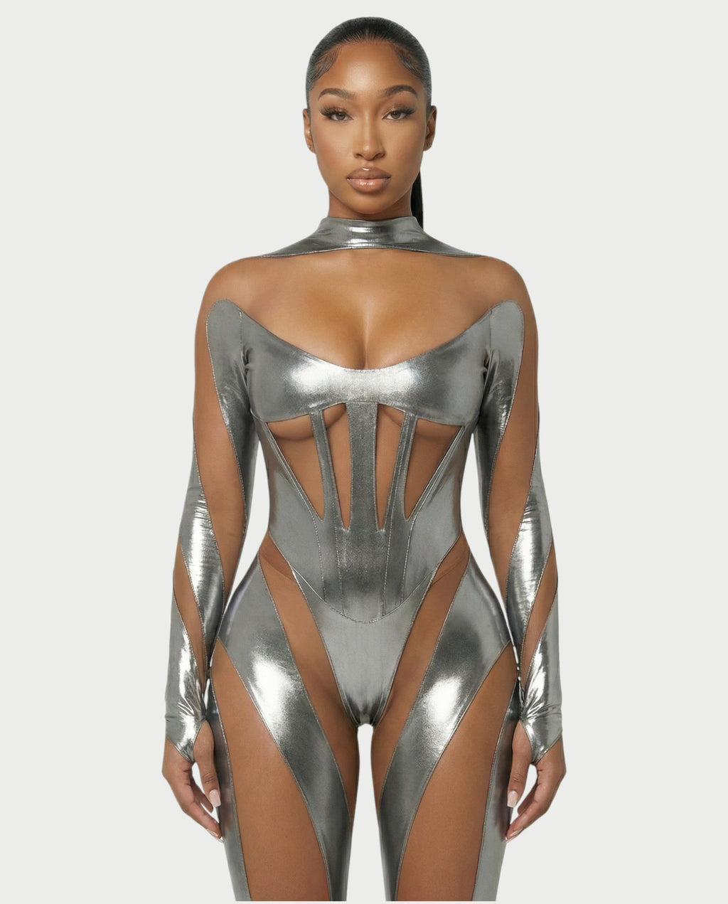 SHAYA Mesh & Metallic Cutout Jumpsuit