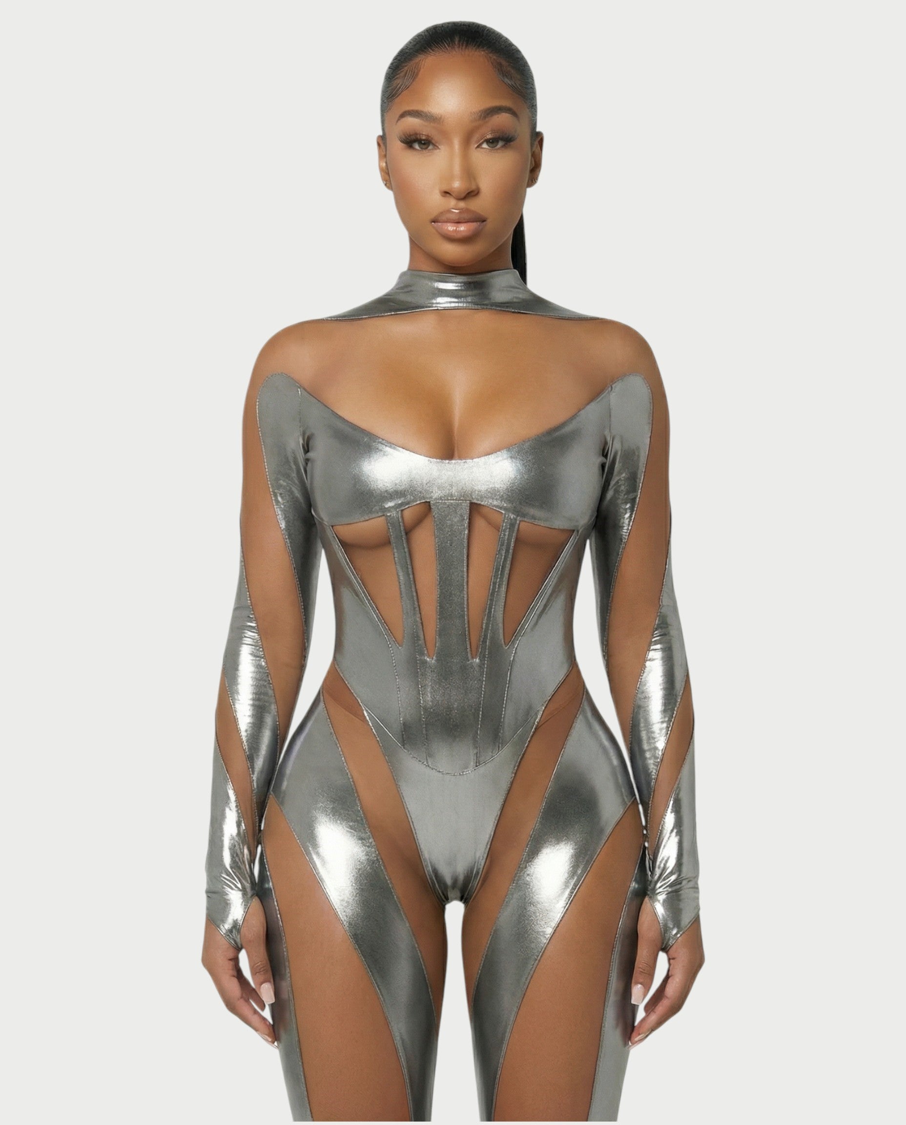 SHAYA Mesh & Metallic Cutout Jumpsuit