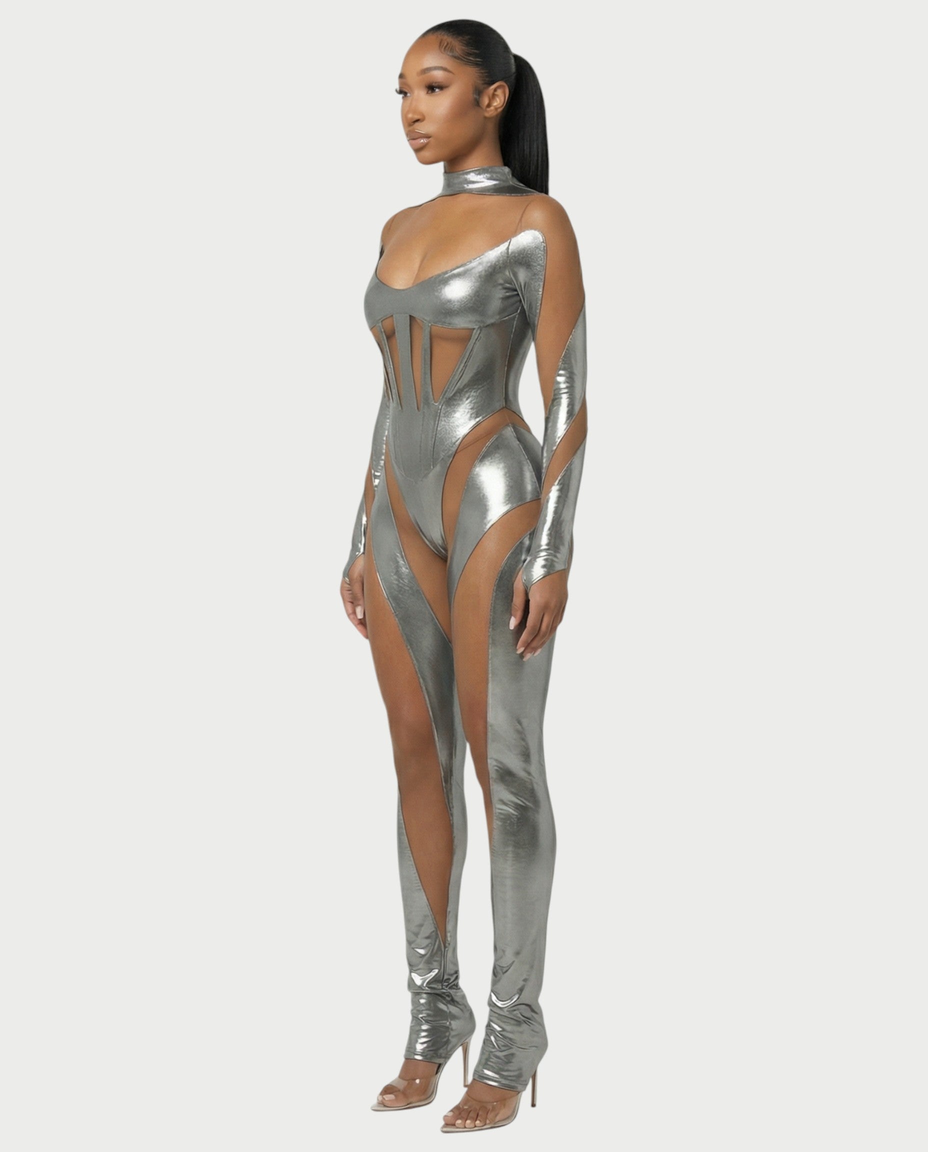 SHAYA Mesh & Metallic Cutout Jumpsuit