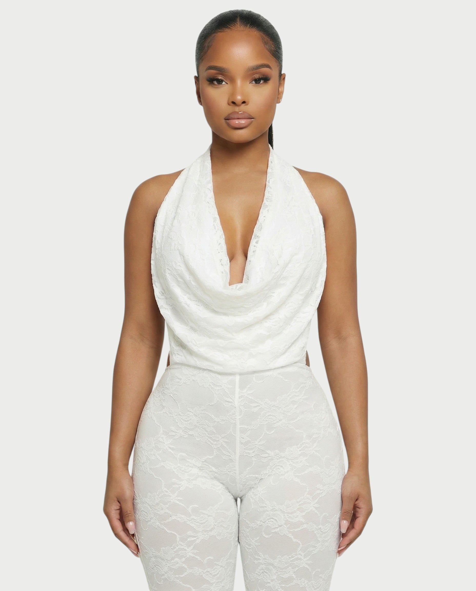 KATRINA Cowl Neck Lace Jumpsuit