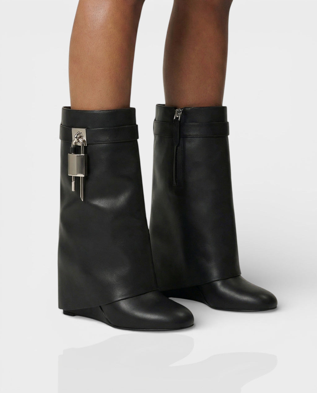 AVELINE Padlock Wedge Faux Leather Ankle Boots
