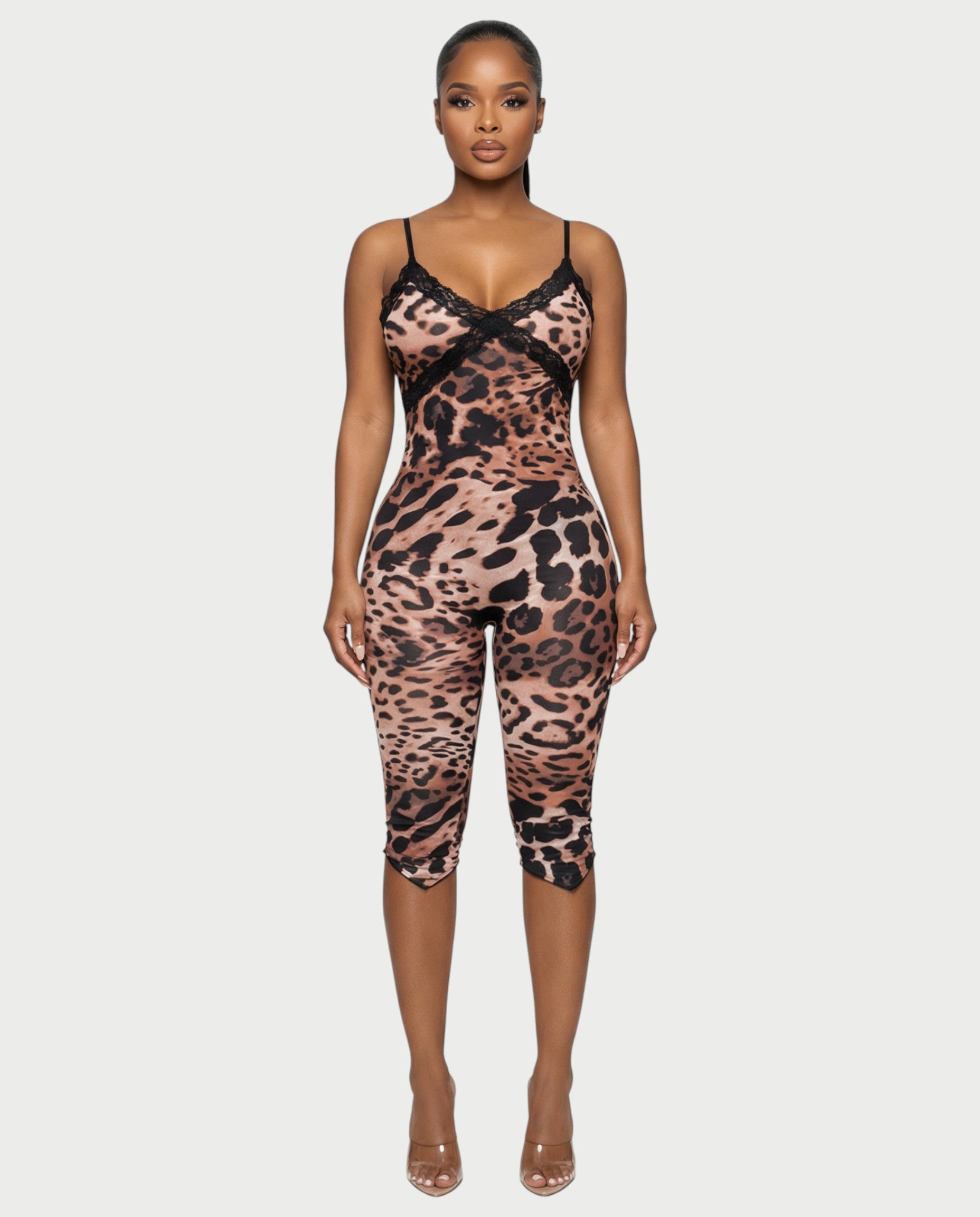 VALIE Leopard Print Lace Trim Jumpsuit