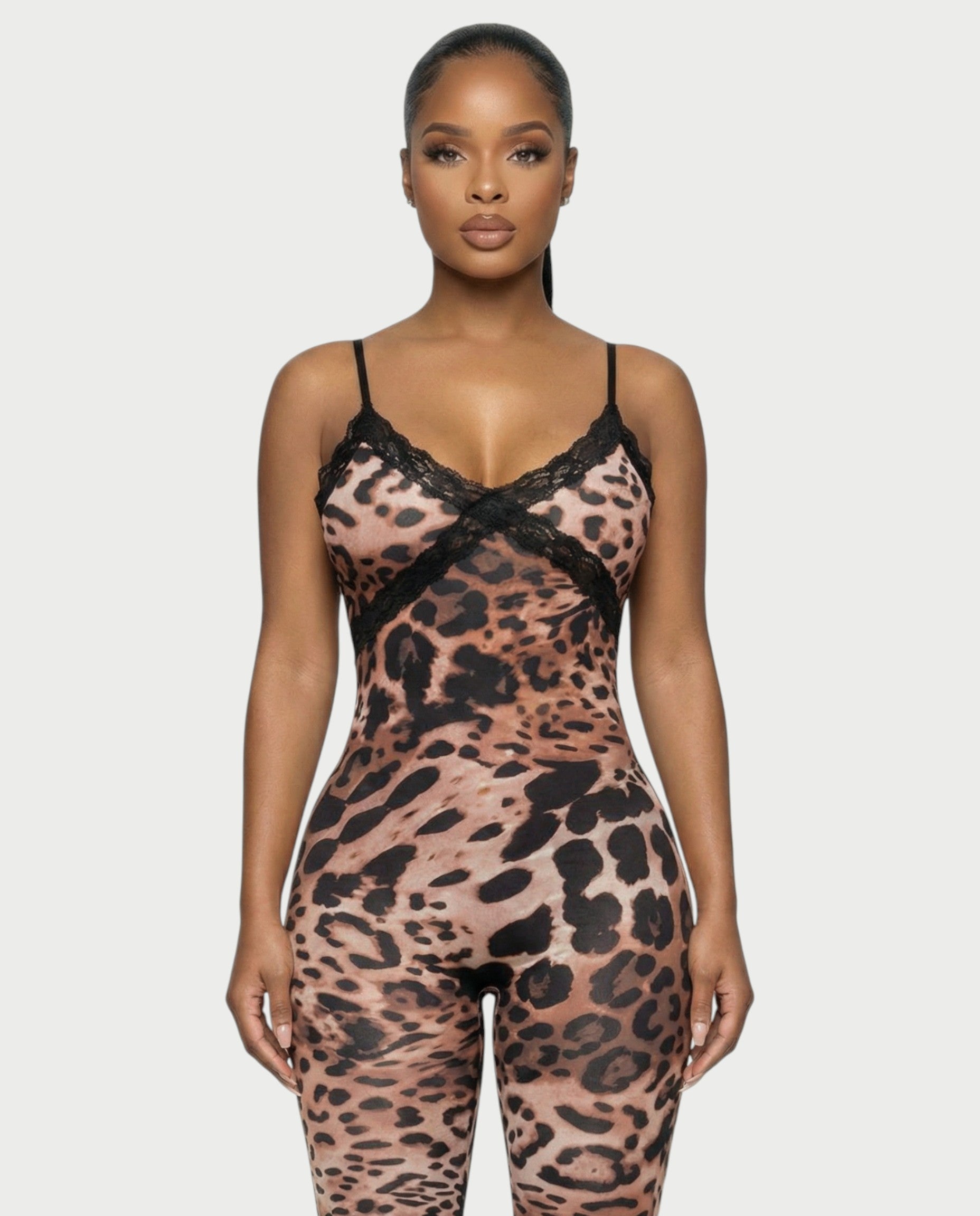 VALIE Leopard Print Lace Trim Jumpsuit