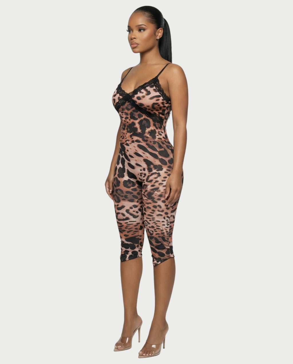 VALIE Leopard Print Lace Trim Jumpsuit