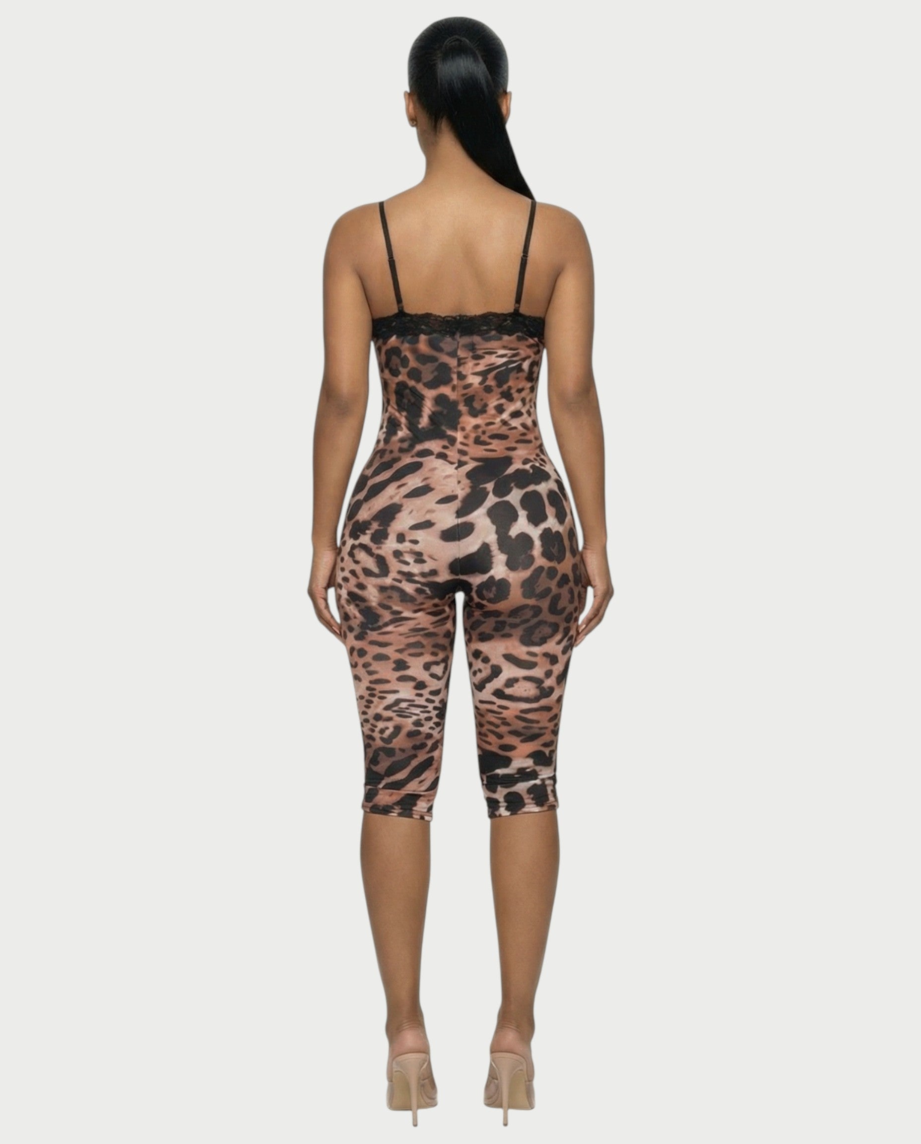 VALIE Leopard Print Lace Trim Jumpsuit