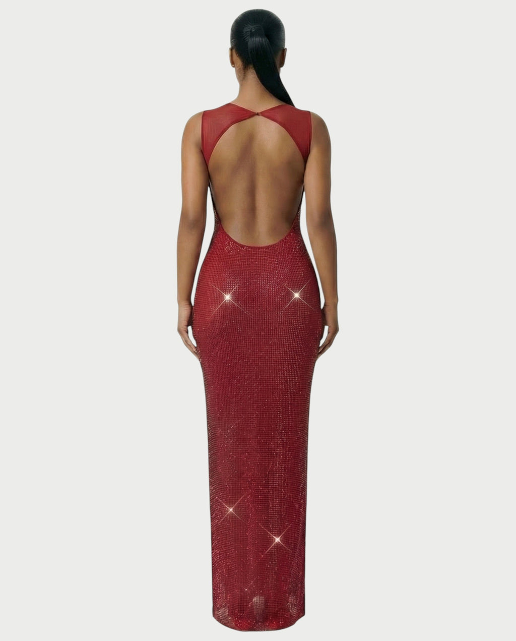 JADA Rhinestone Embelished Open-Back Maxi Dress