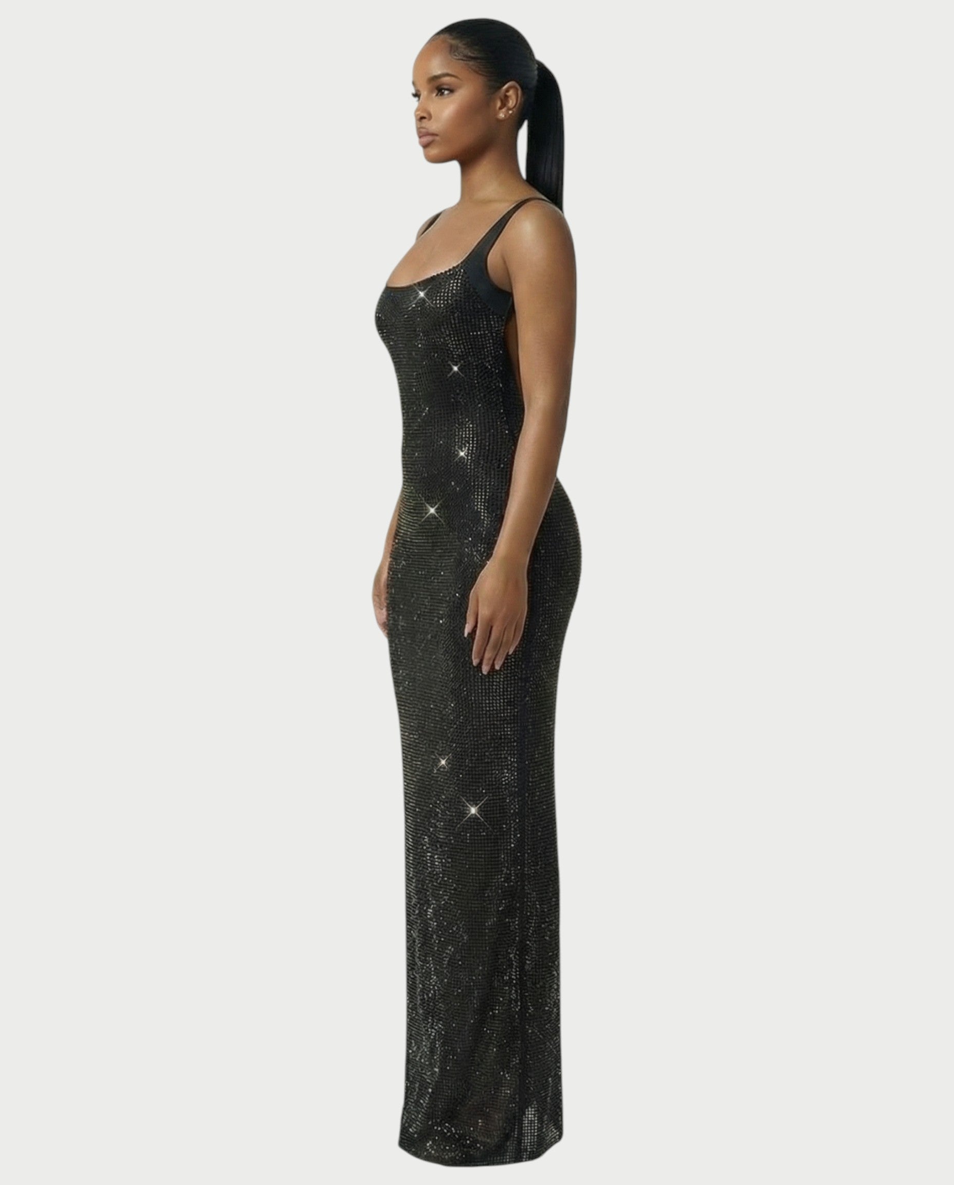 JADA Rhinestone Embelished Open-Back Maxi Dress
