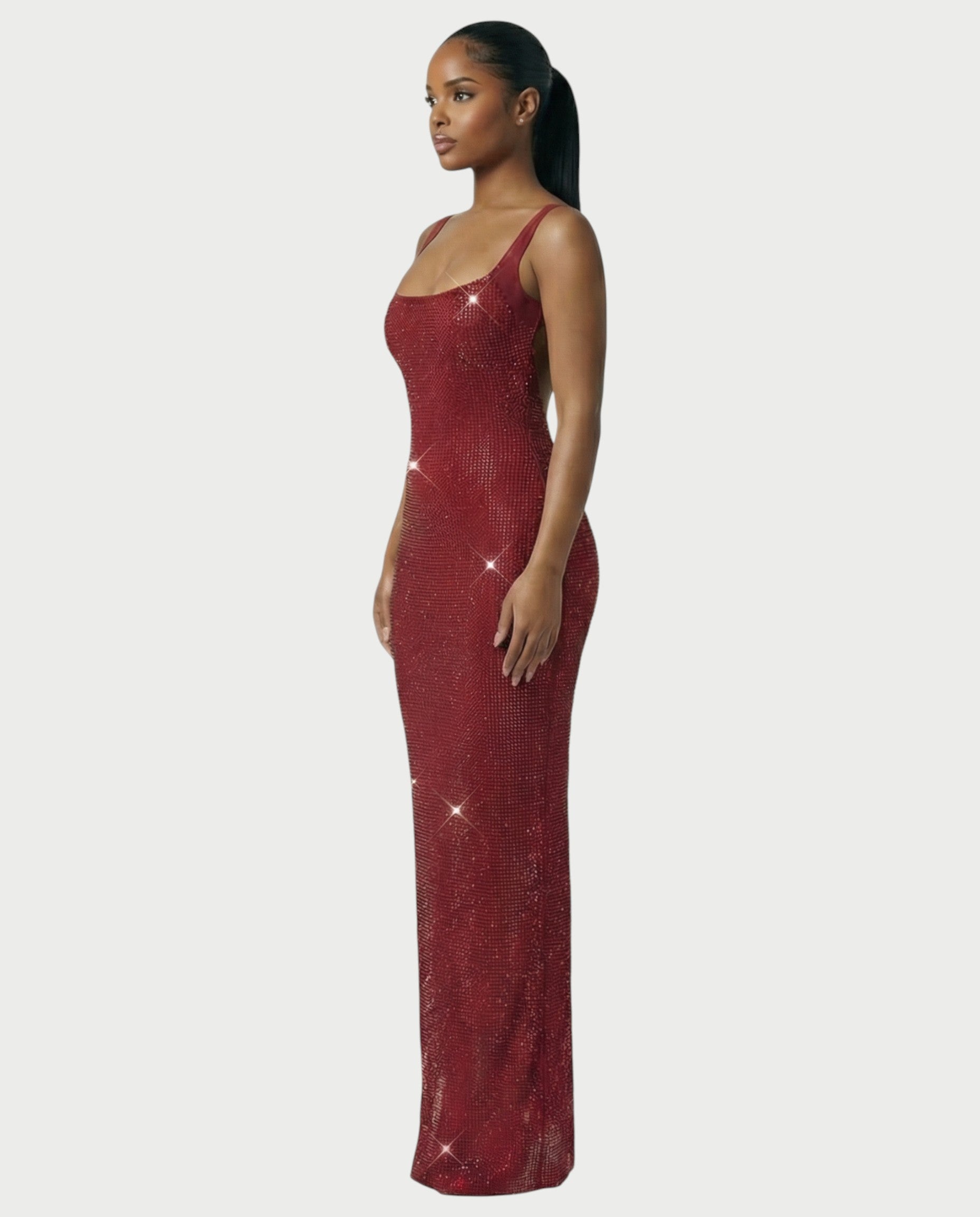 JADA Rhinestone Embelished Open-Back Maxi Dress