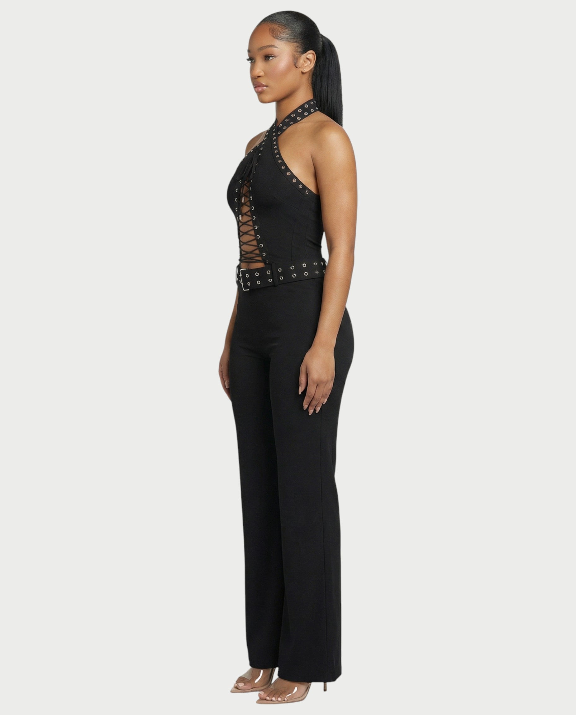 ALESSIA Eyelet Lace-Up Halter Jumpsuit