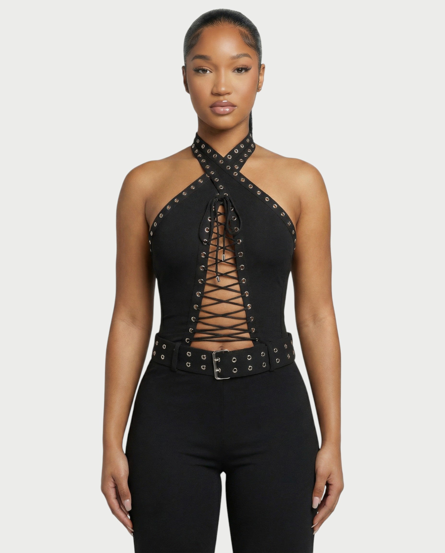 ALESSIA Eyelet Lace-Up Halter Jumpsuit