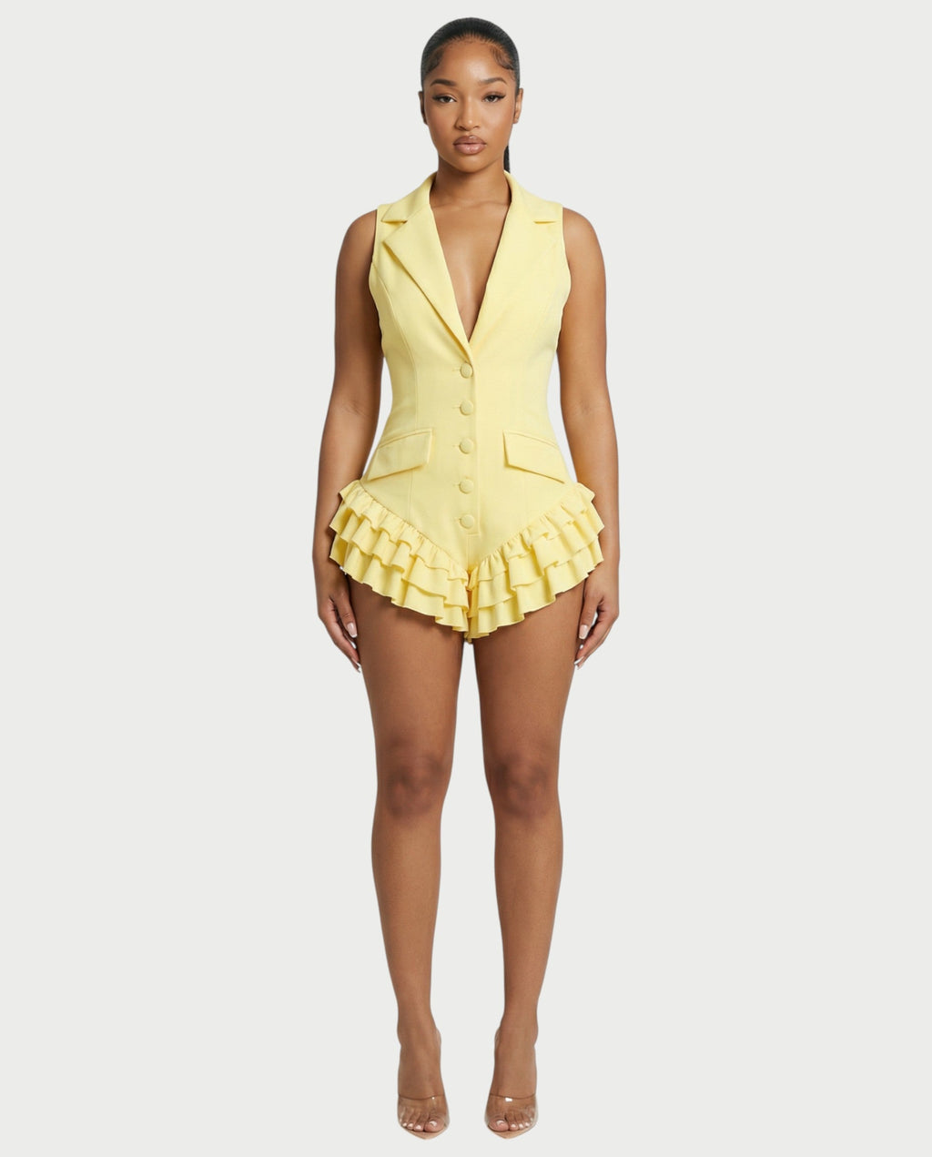 NIVARA Tailored Ruffle-Trim Tuxedo Romper
