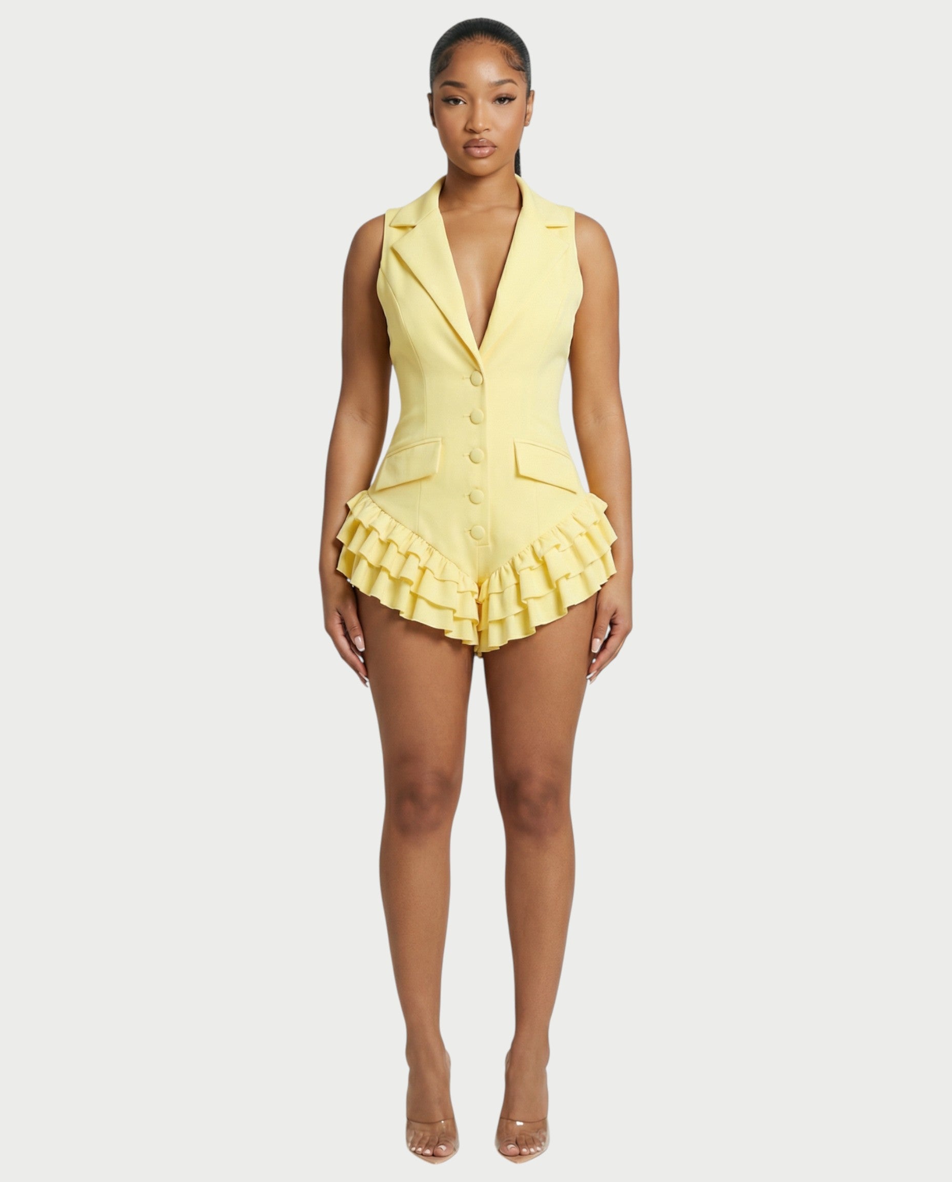 NIVARA Tailored Ruffle-Trim Tuxedo Romper