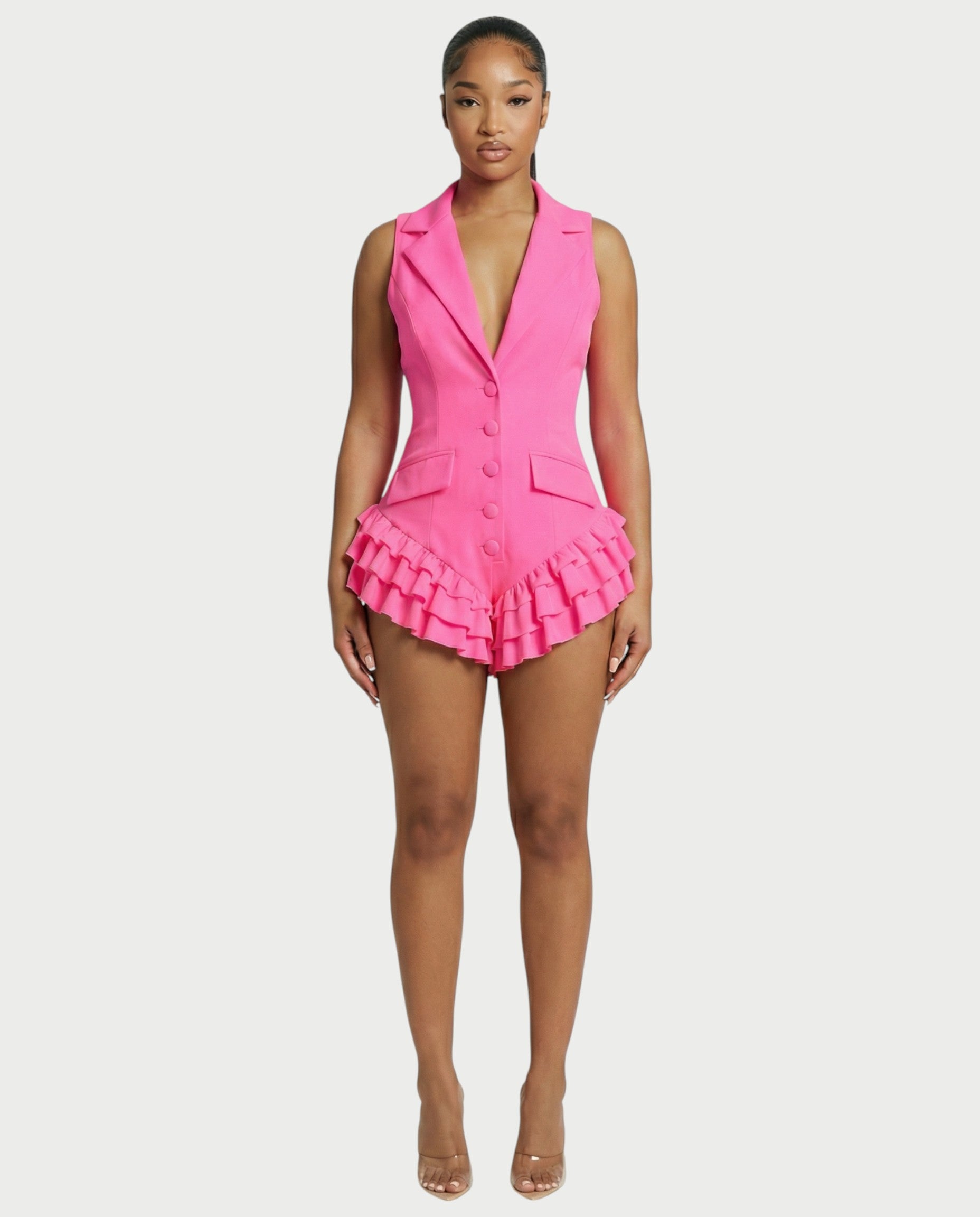 NIVARA Tailored Ruffle-Trim Tuxedo Romper
