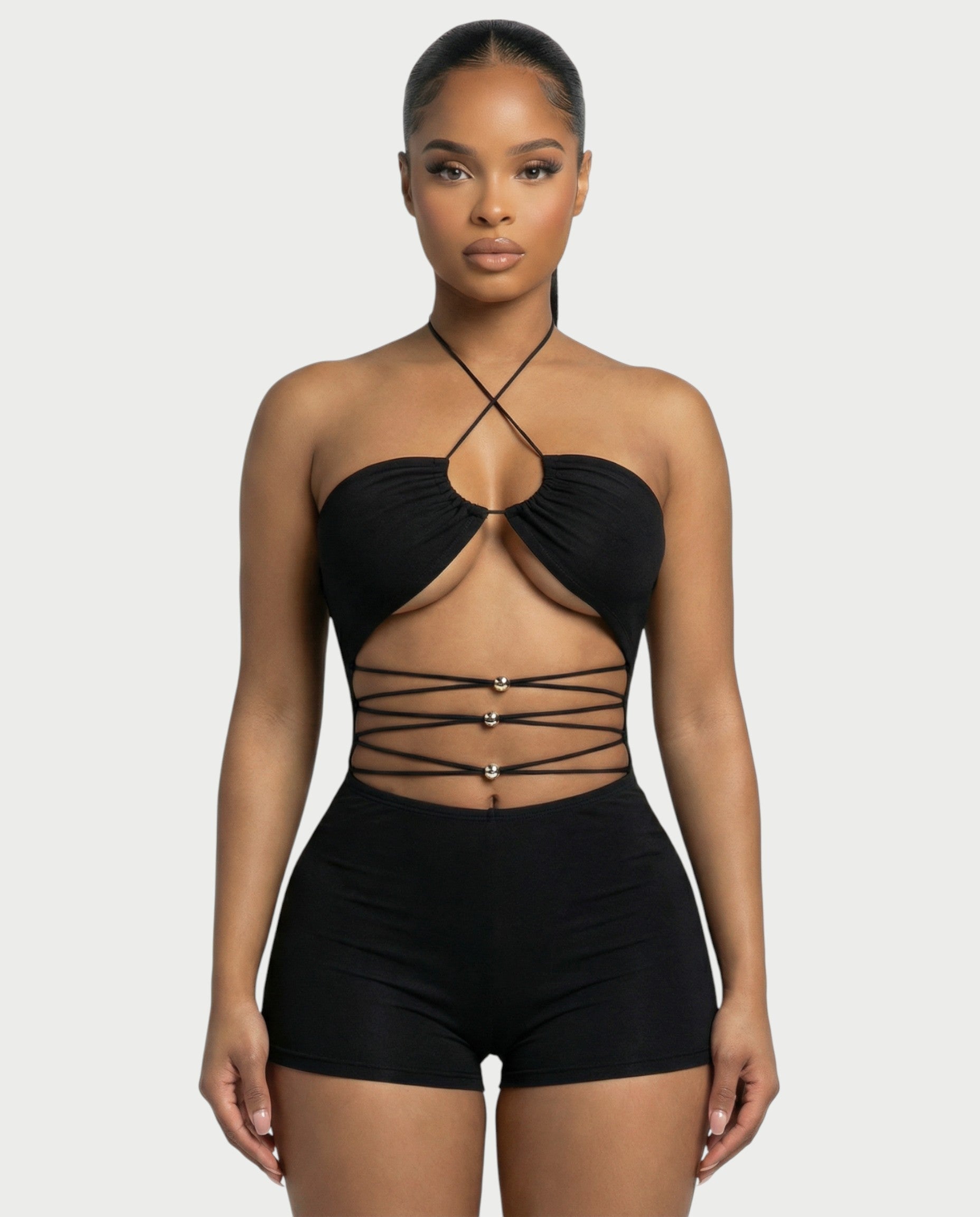 KAYRA Crisscross Bead Detail Romper
