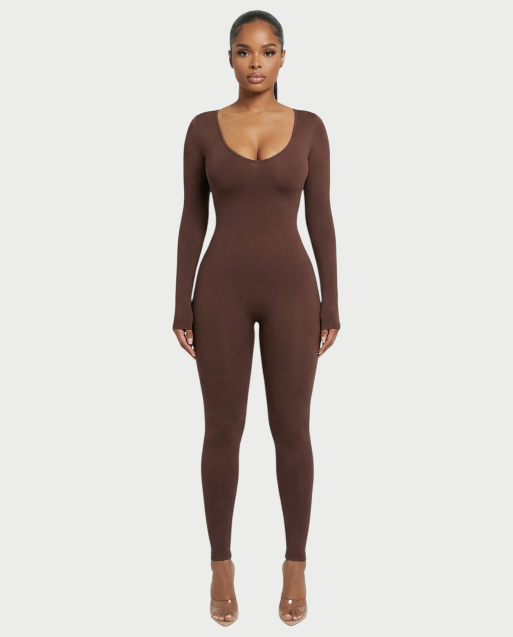 HINNA Plunge Neck Long Sleeve Jumpsuit