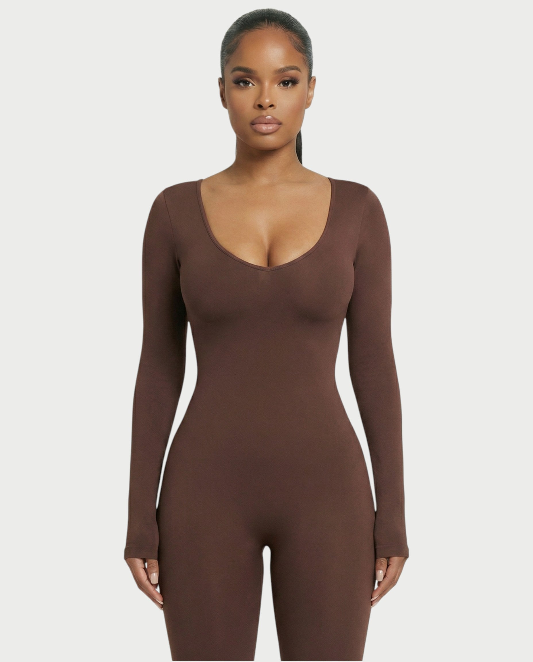 HINNA Plunge Neck Long Sleeve Jumpsuit