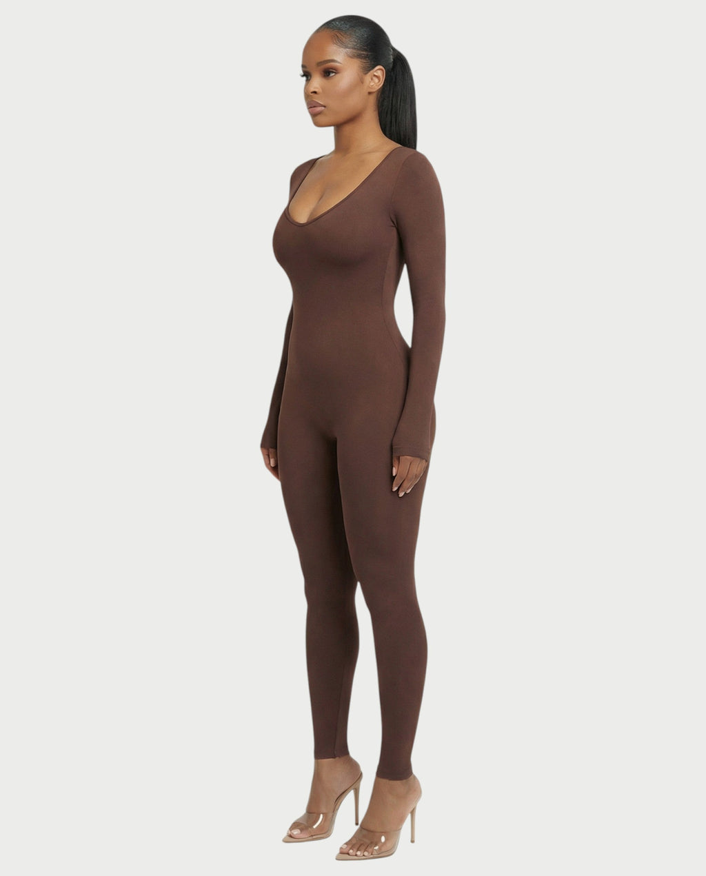 HINNA Plunge Neck Long Sleeve Jumpsuit