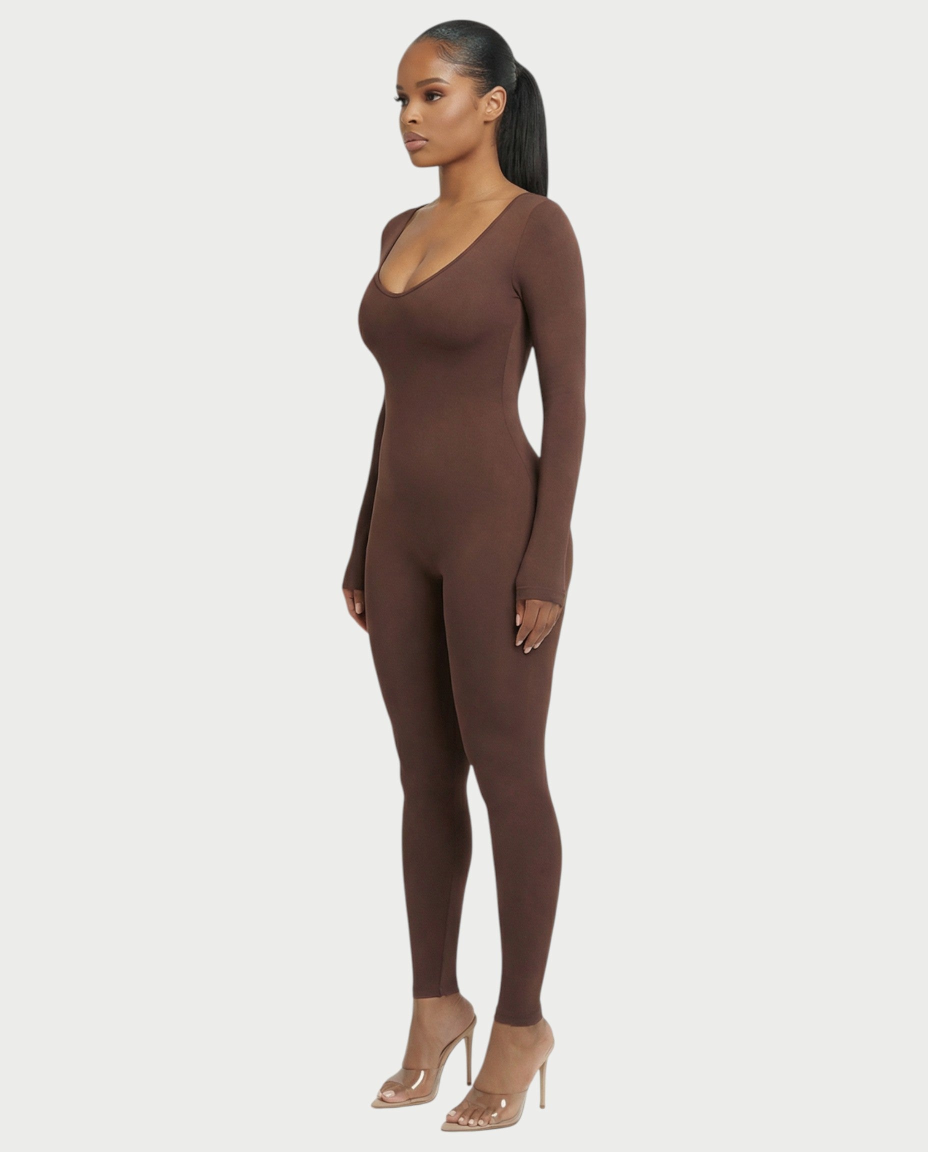 HINNA Plunge Neck Long Sleeve Jumpsuit