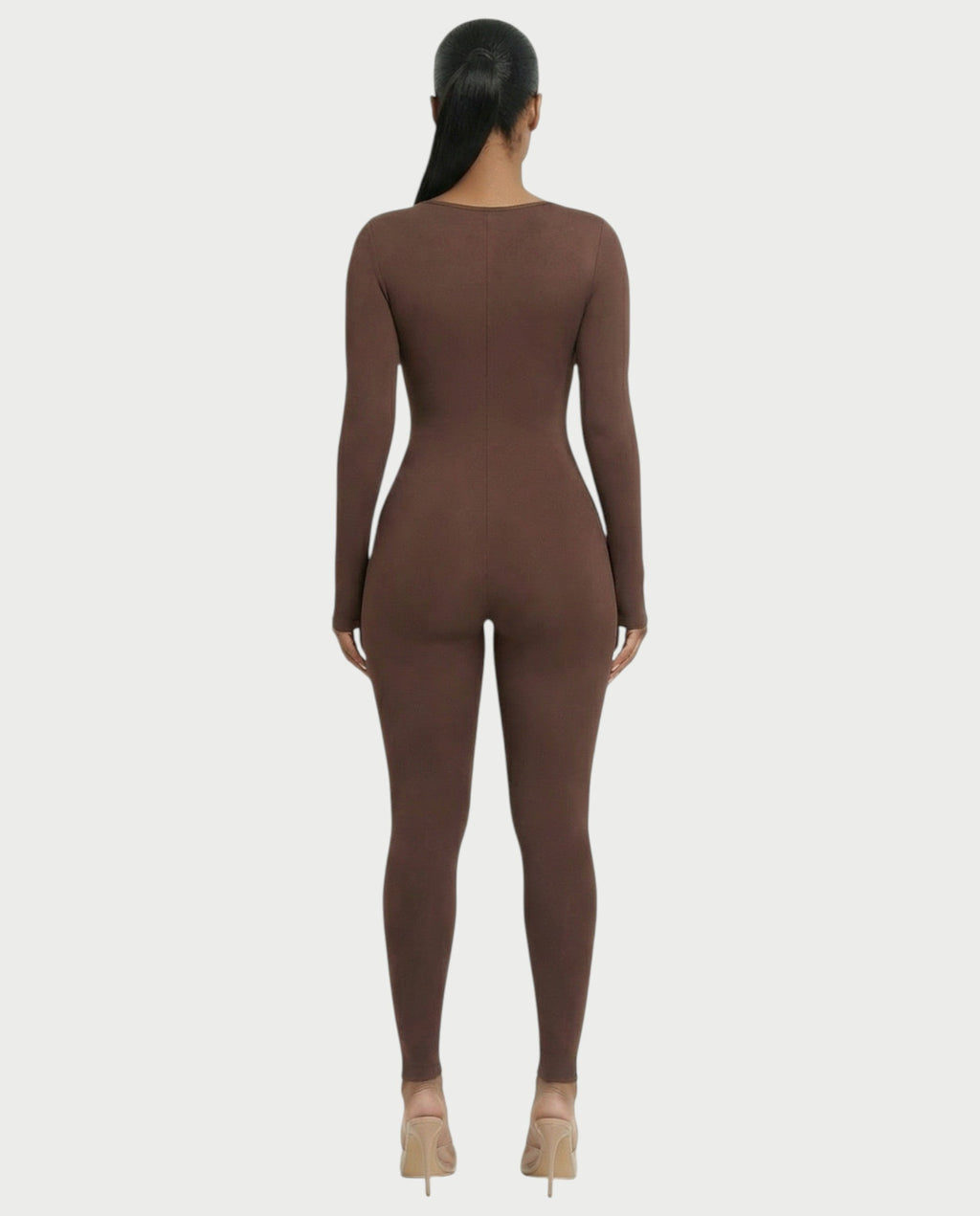 HINNA Plunge Neck Long Sleeve Jumpsuit