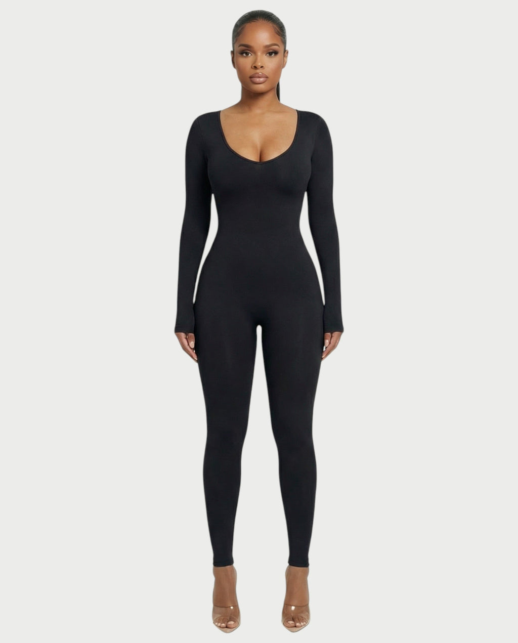 HINNA Plunge Neck Long Sleeve Jumpsuit