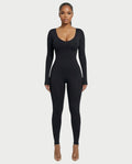HINNA Plunge Neck Long Sleeve Jumpsuit