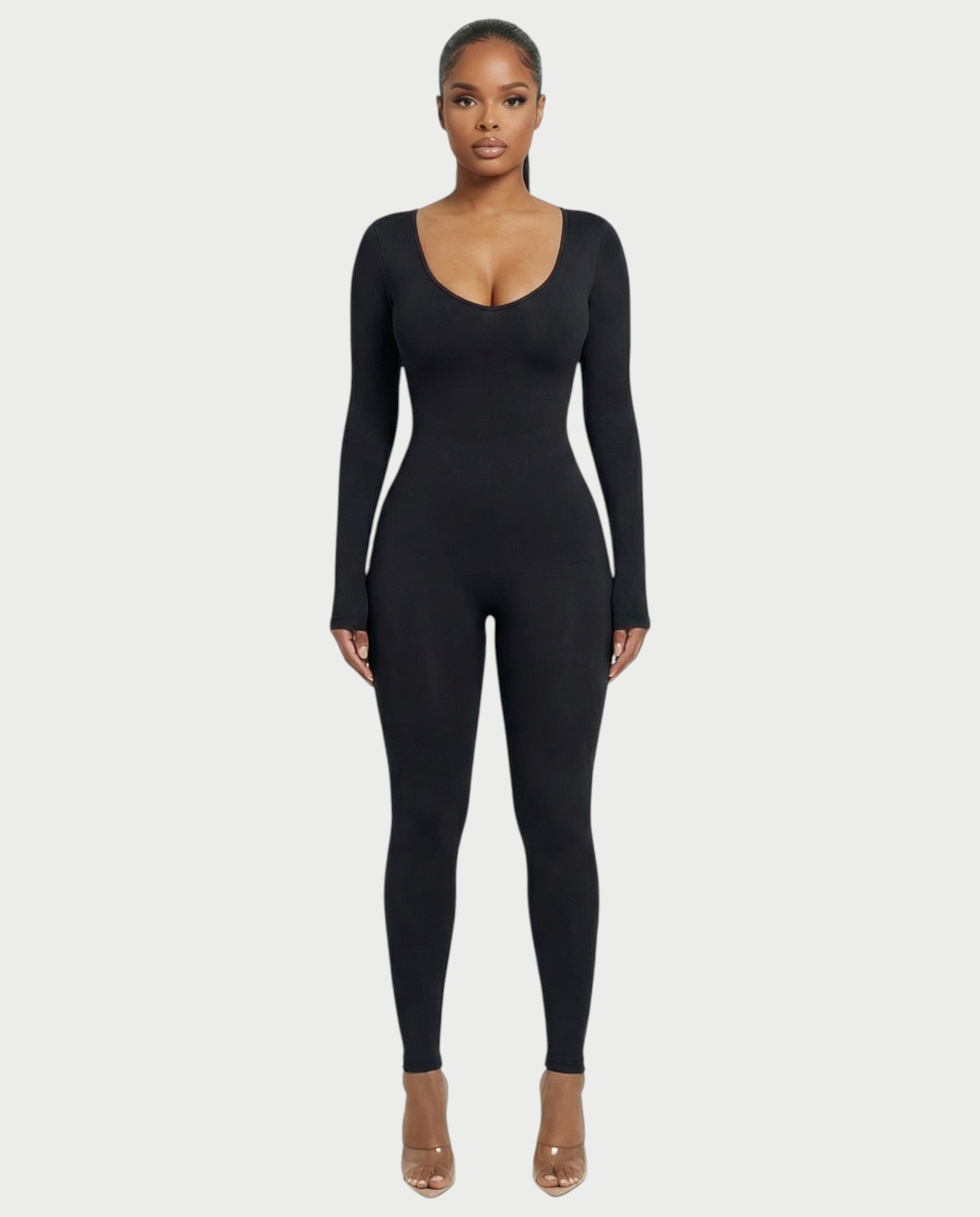HINNA Plunge Neck Long Sleeve Jumpsuit