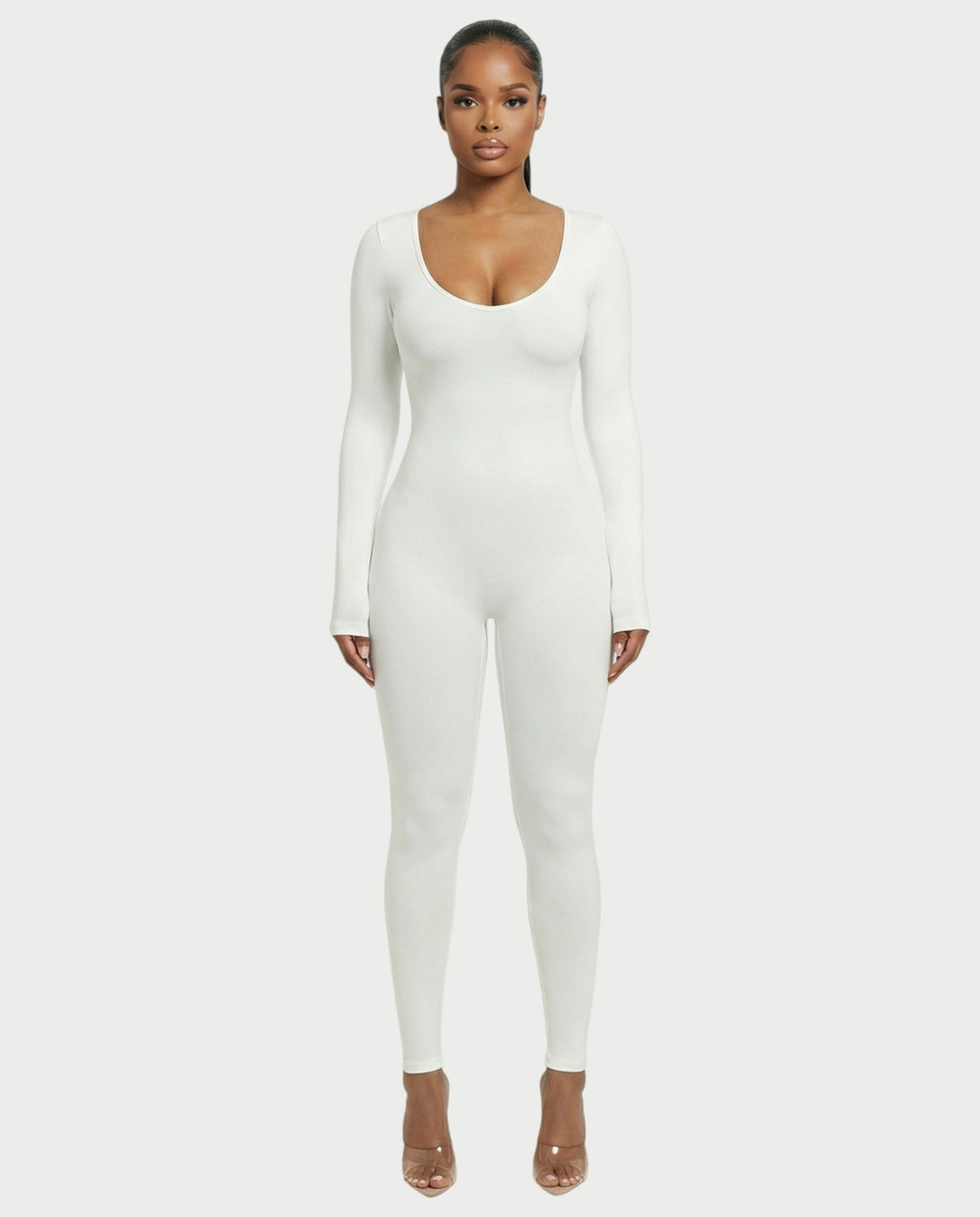 HINNA Plunge Neck Long Sleeve Jumpsuit