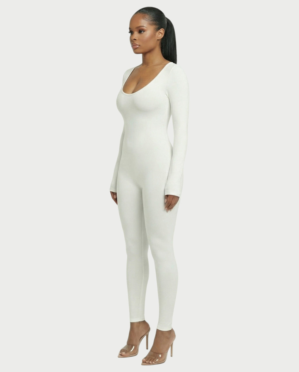 HINNA Plunge Neck Long Sleeve Jumpsuit