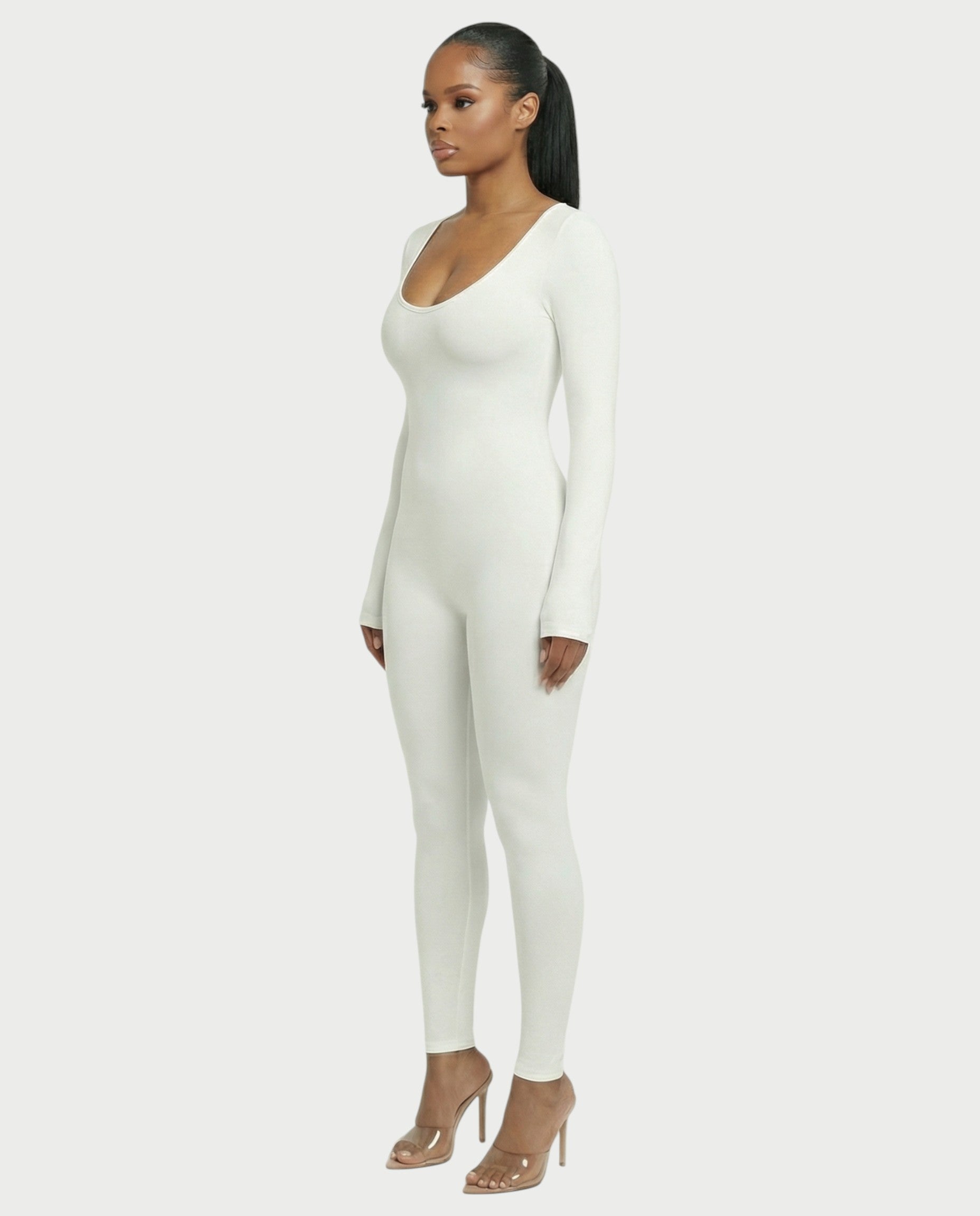 HINNA Plunge Neck Long Sleeve Jumpsuit