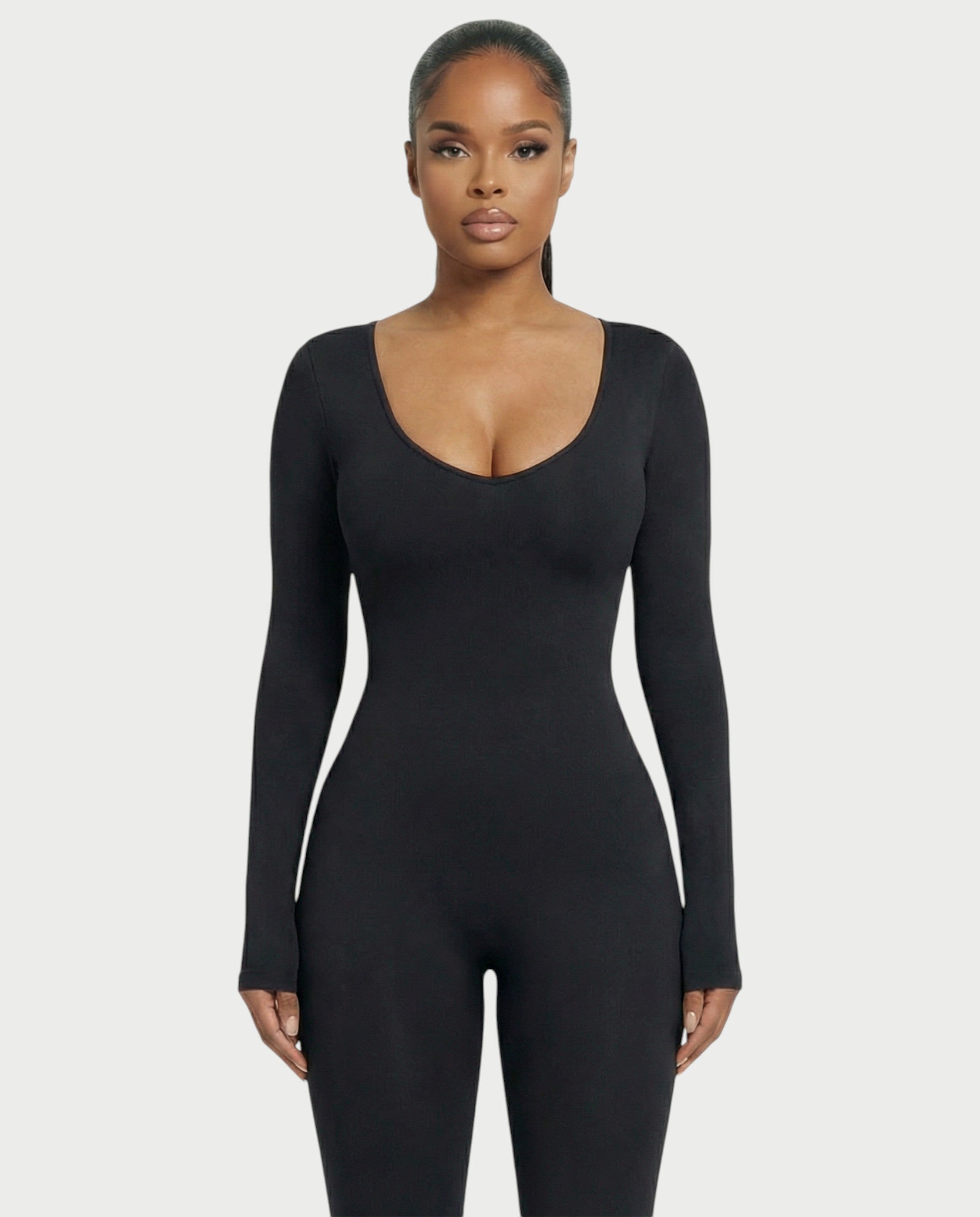 HINNA Plunge Neck Long Sleeve Jumpsuit