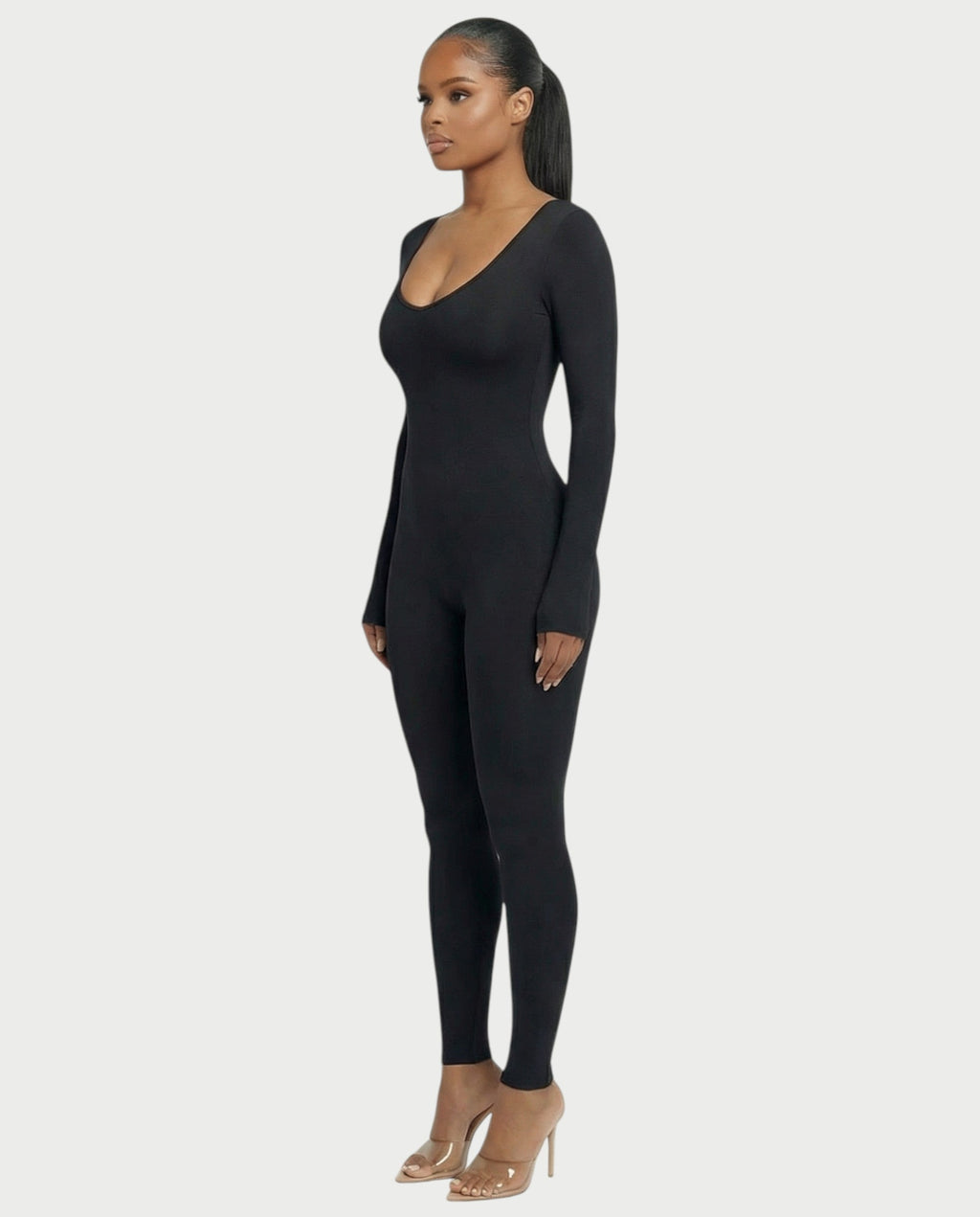 HINNA Plunge Neck Long Sleeve Jumpsuit
