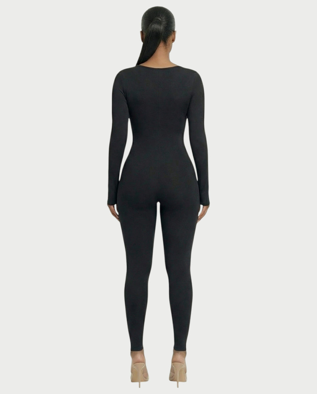 HINNA Plunge Neck Long Sleeve Jumpsuit