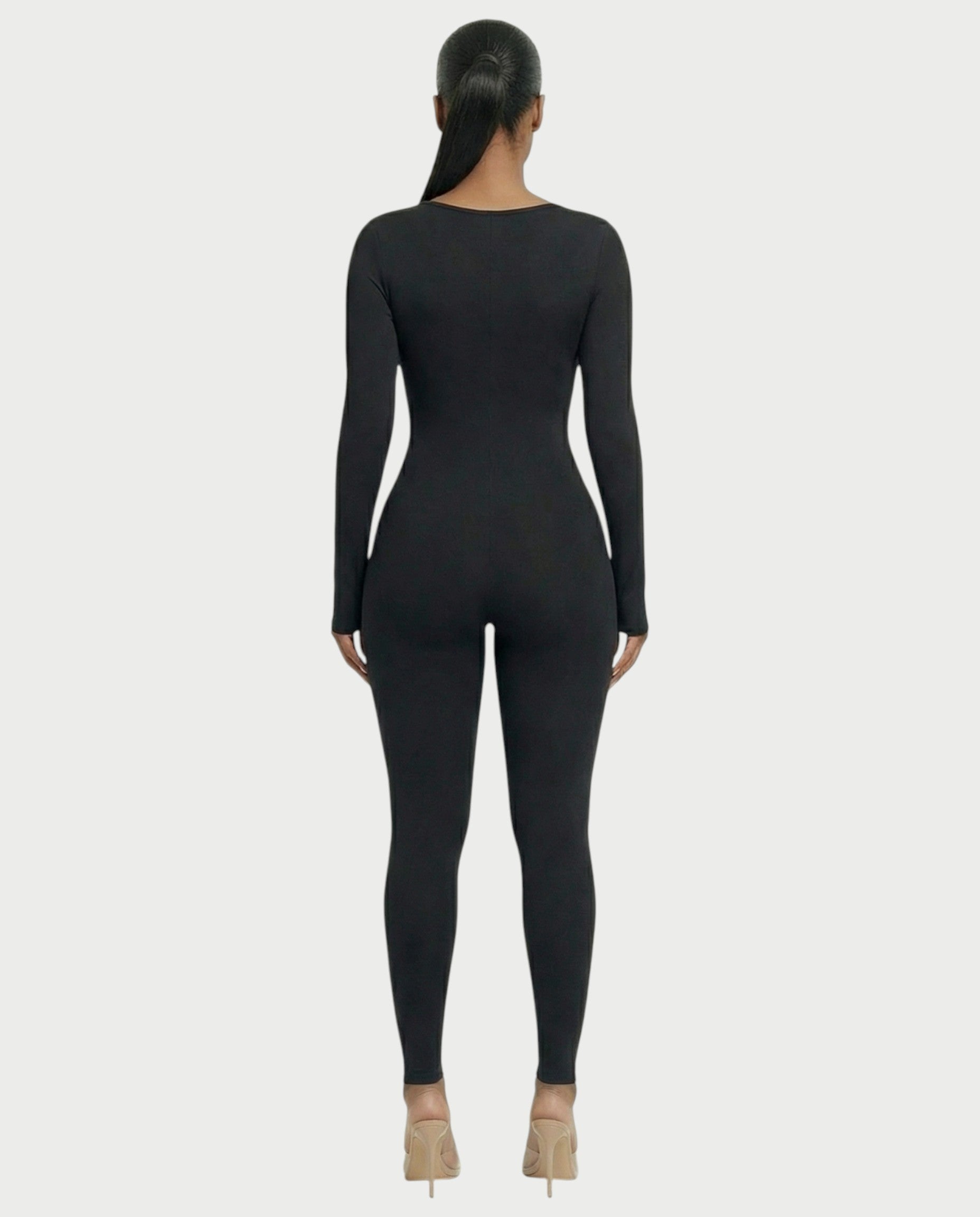 HINNA Plunge Neck Long Sleeve Jumpsuit