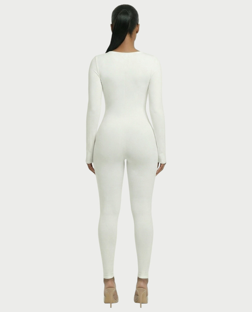 HINNA Plunge Neck Long Sleeve Jumpsuit