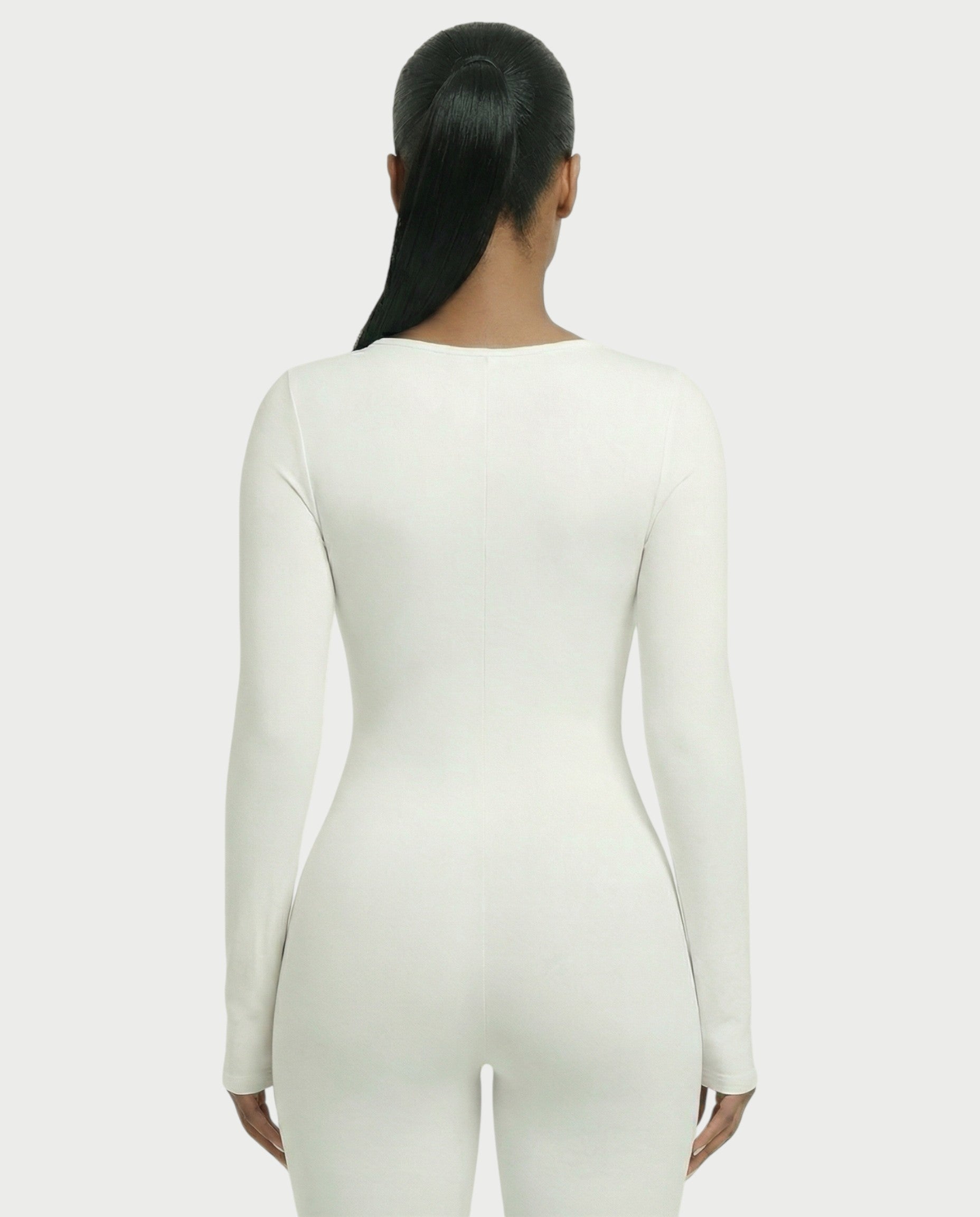 HINNA Plunge Neck Long Sleeve Jumpsuit