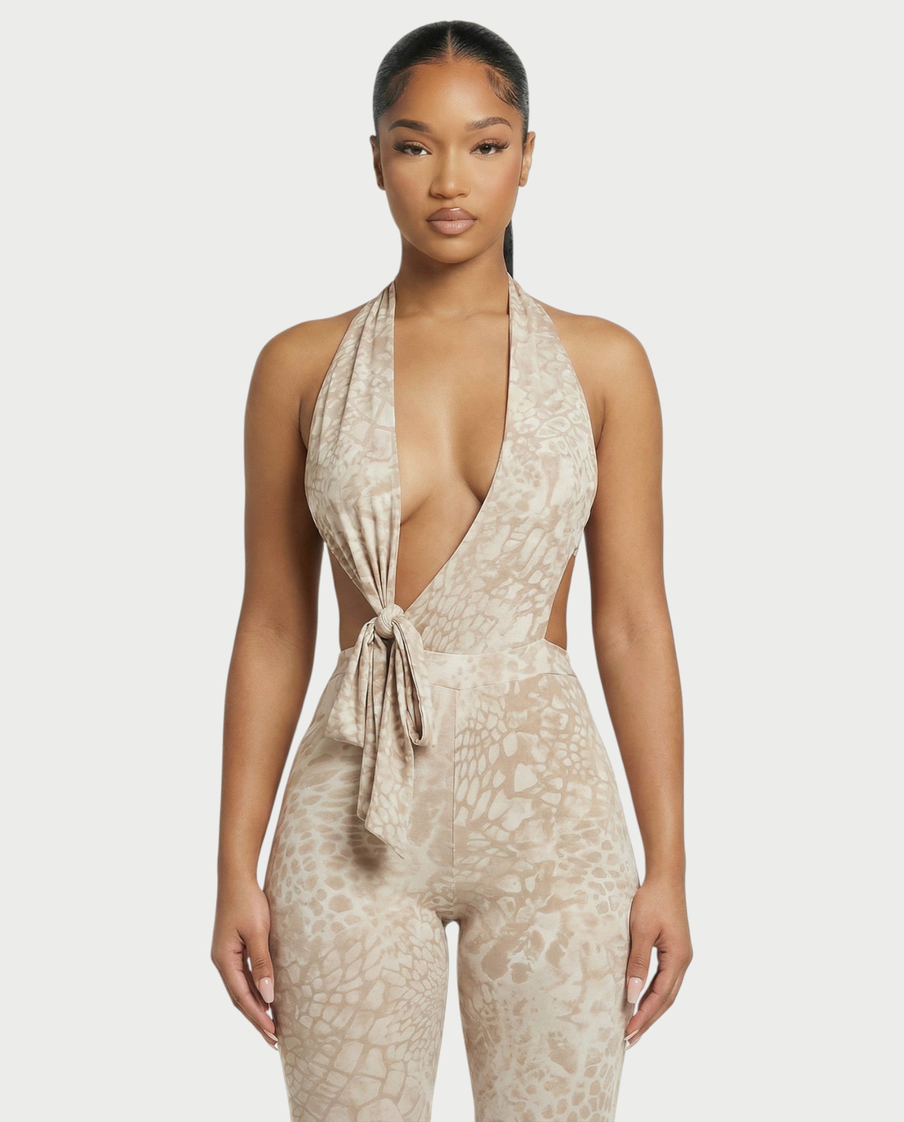 RISSA Plunge Halter Cutout Jumpsuit
