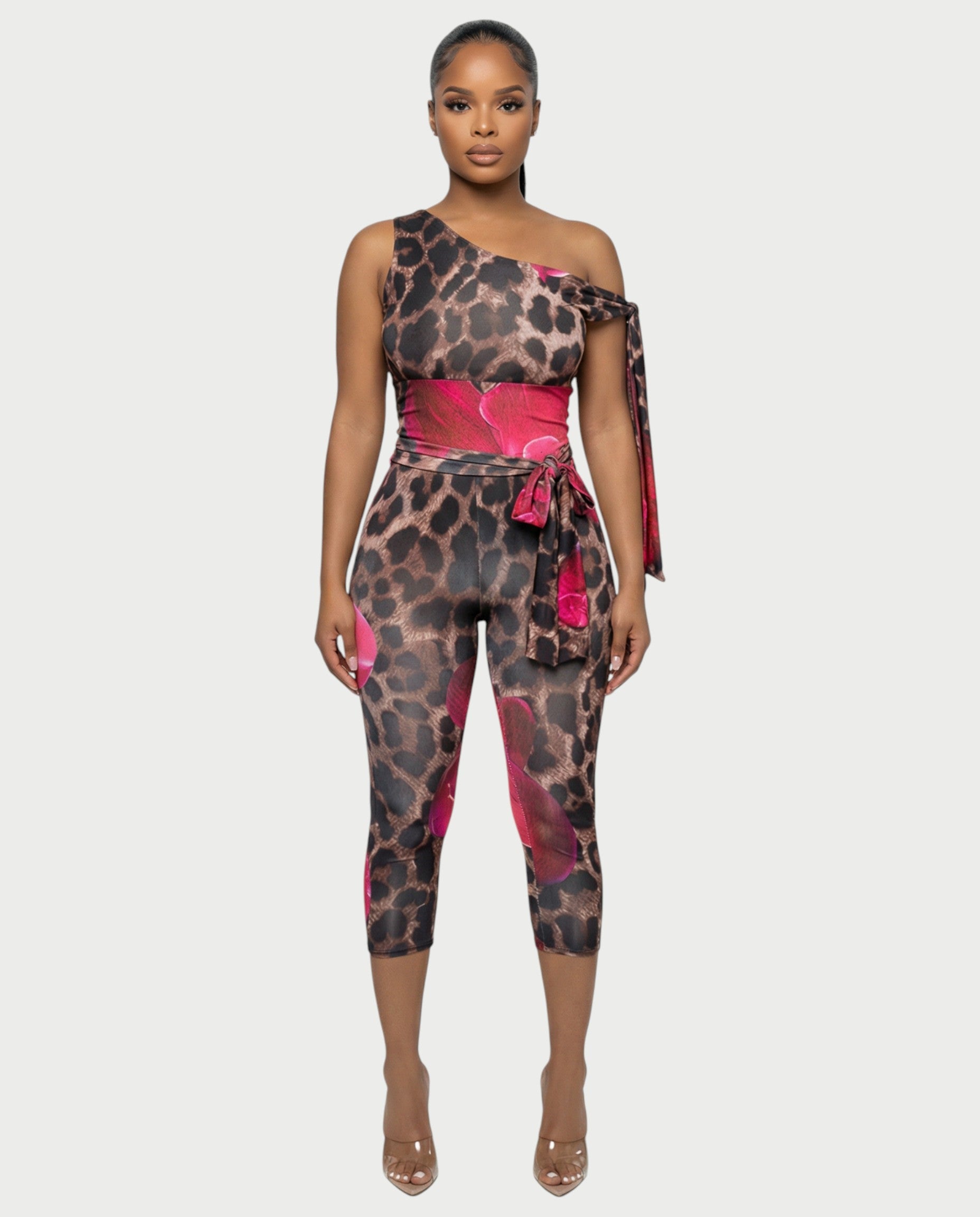 LUJILLE One-Shoulder Floral Leopard Jumpsuit