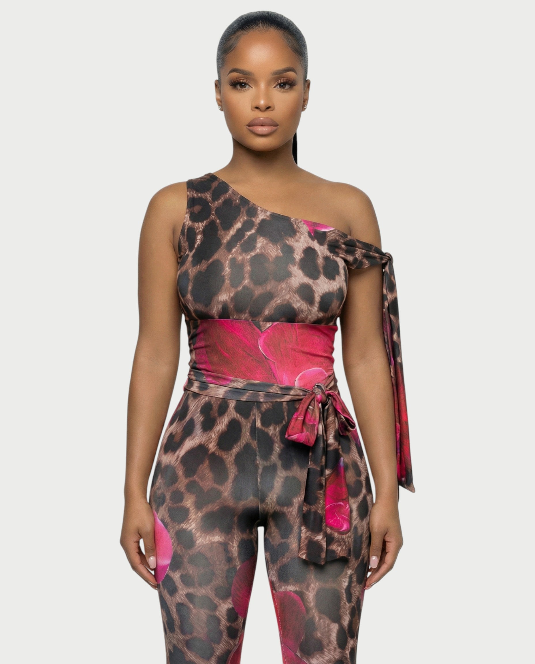 LUJILLE One-Shoulder Floral Leopard Jumpsuit