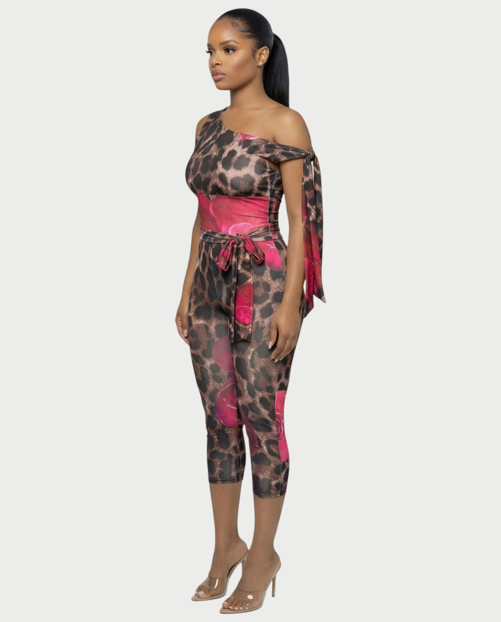 LUJILLE One-Shoulder Floral Leopard Jumpsuit