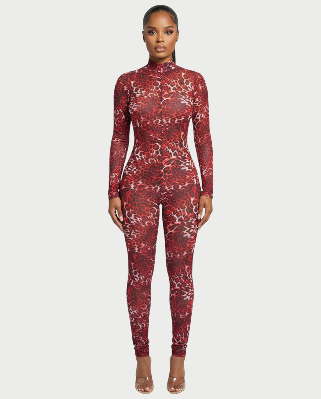KHIONE Leopard Print Mock Neck Jumpsuit