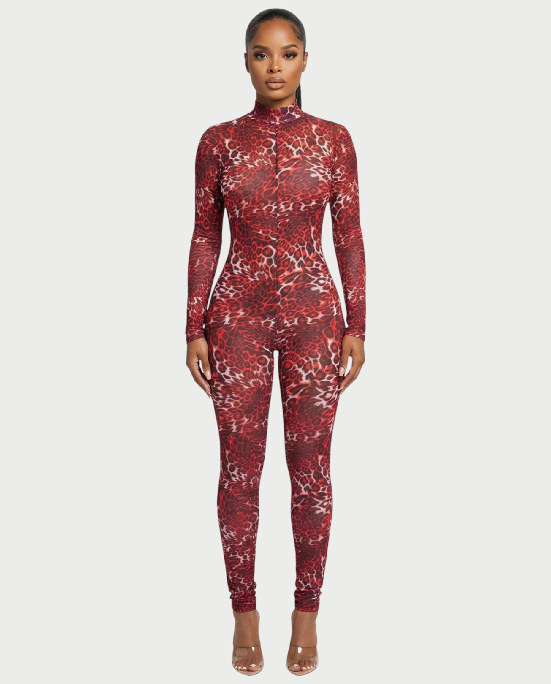 KHIONE Leopard Print Mock Neck Jumpsuit