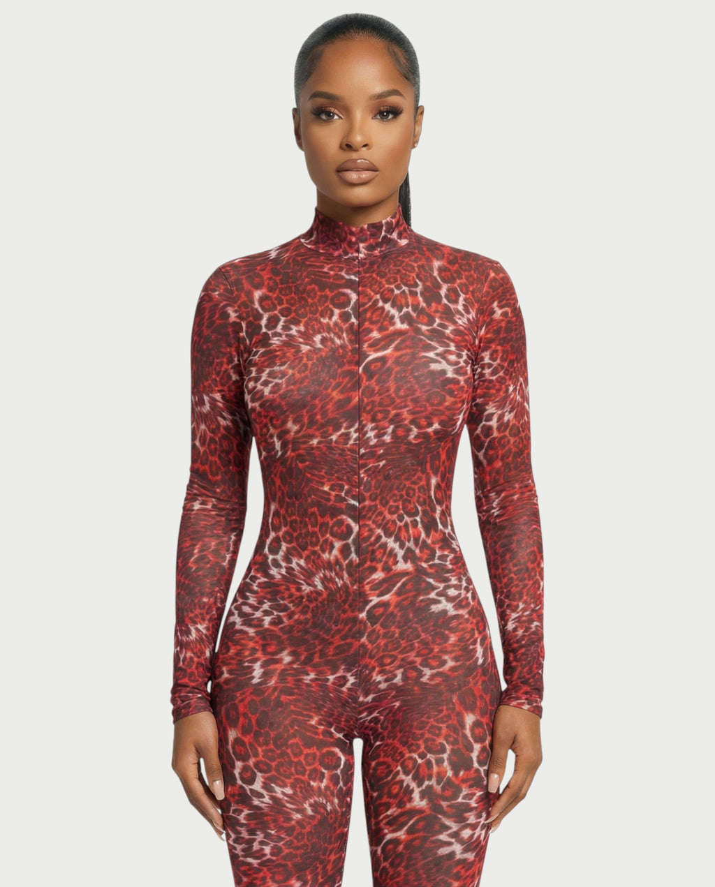 KHIONE Leopard Print Mock Neck Jumpsuit